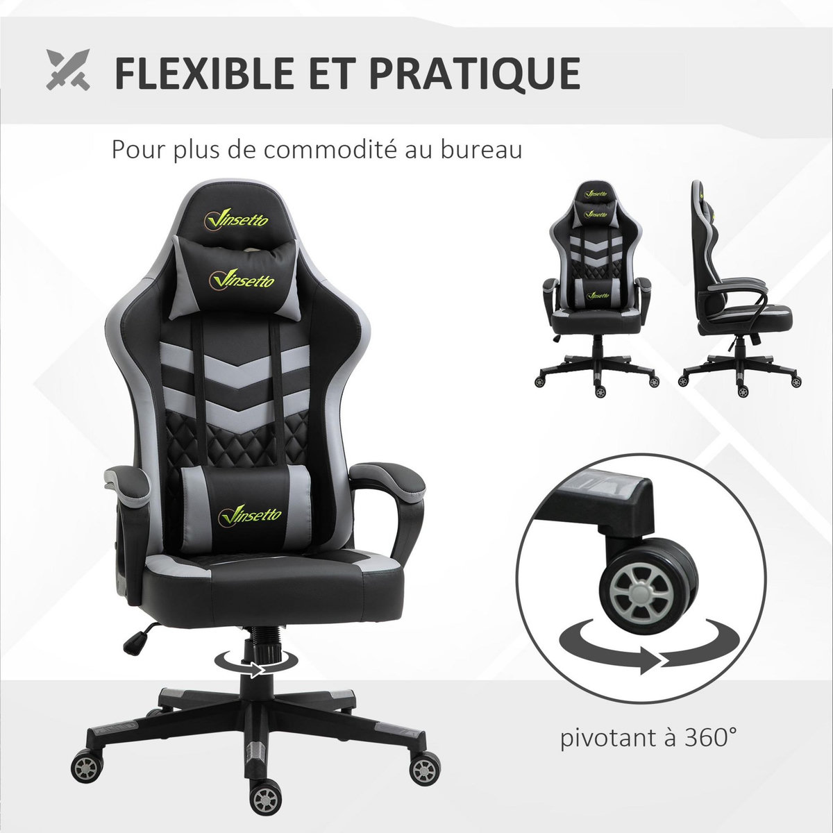 VINSETTO Chaise de bureau gaming réglable - coussin lombaires et tétière inclus - fonction bascule verrouillable - noir gris