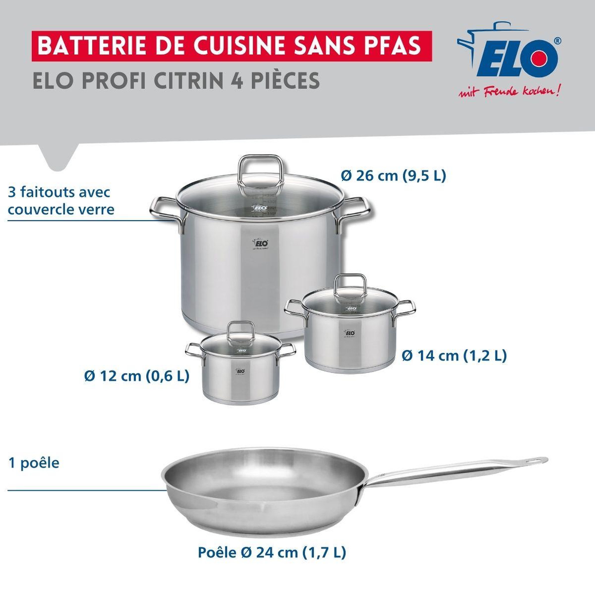 Voir la diapositive 2 : ELO Ensemble de 1 poêle de cuisson 24 cm et 3 faitouts 12, 14 et 26 cm elo profi citrin