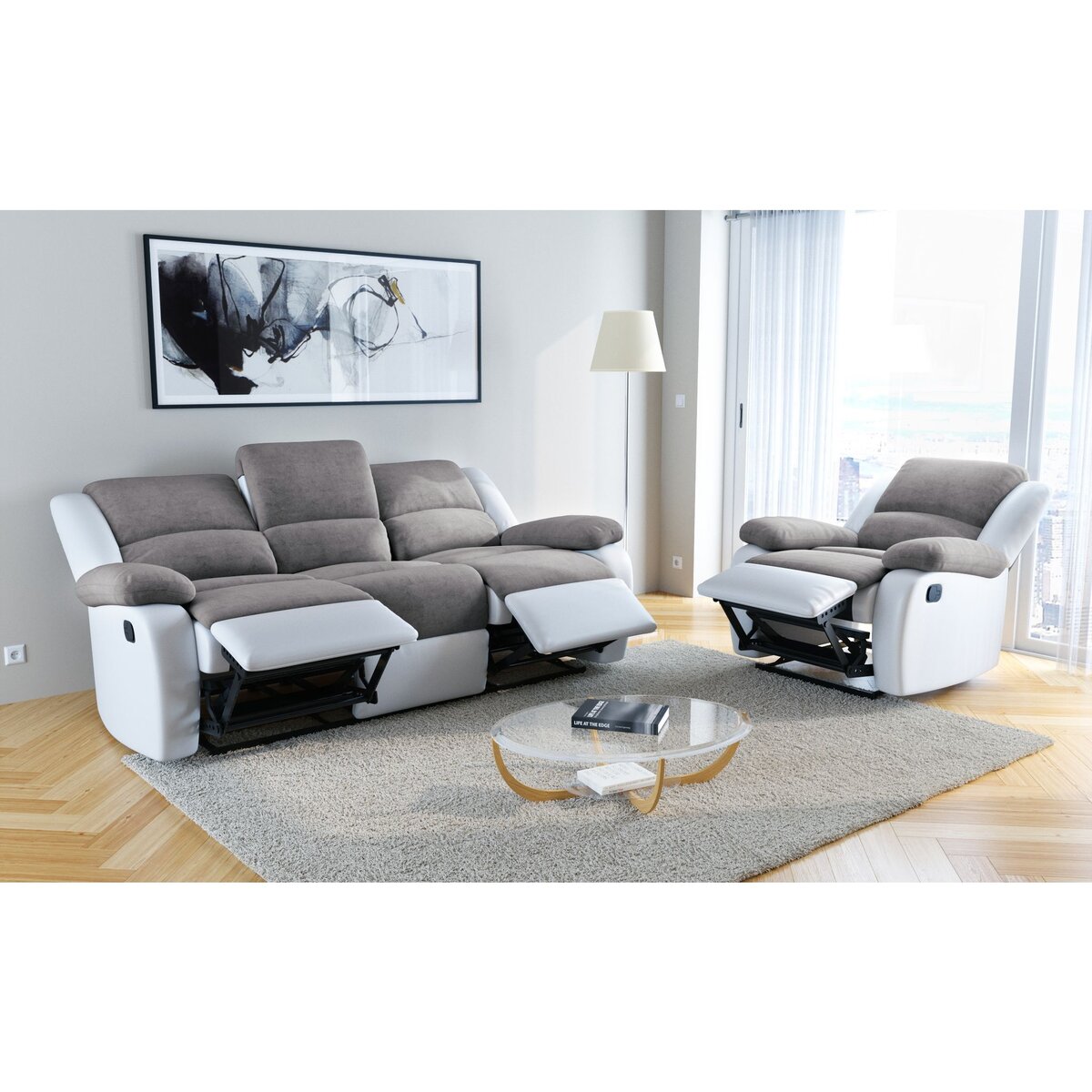 Ensemble canapé relax 3 places + fauteuil relax bimatière tissu simili HELENE