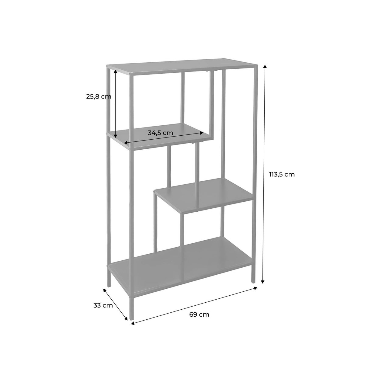 SWEEEK Etagère bibliothèque noir en métal noir asymétrique 4 niveaux INDUSTRIELLE  L 69 x P 33 x H 113.5cm