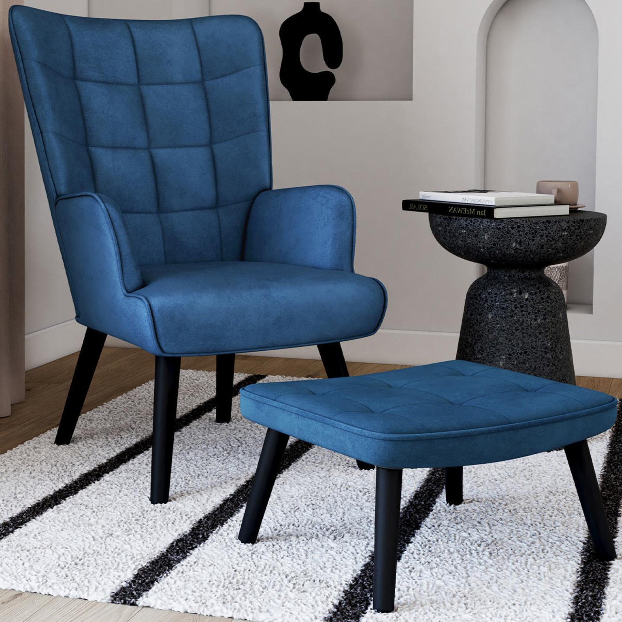 Voir la diapositive 2 : ID MARKET Fauteuil scandinave ania avec repose pieds velours bleu