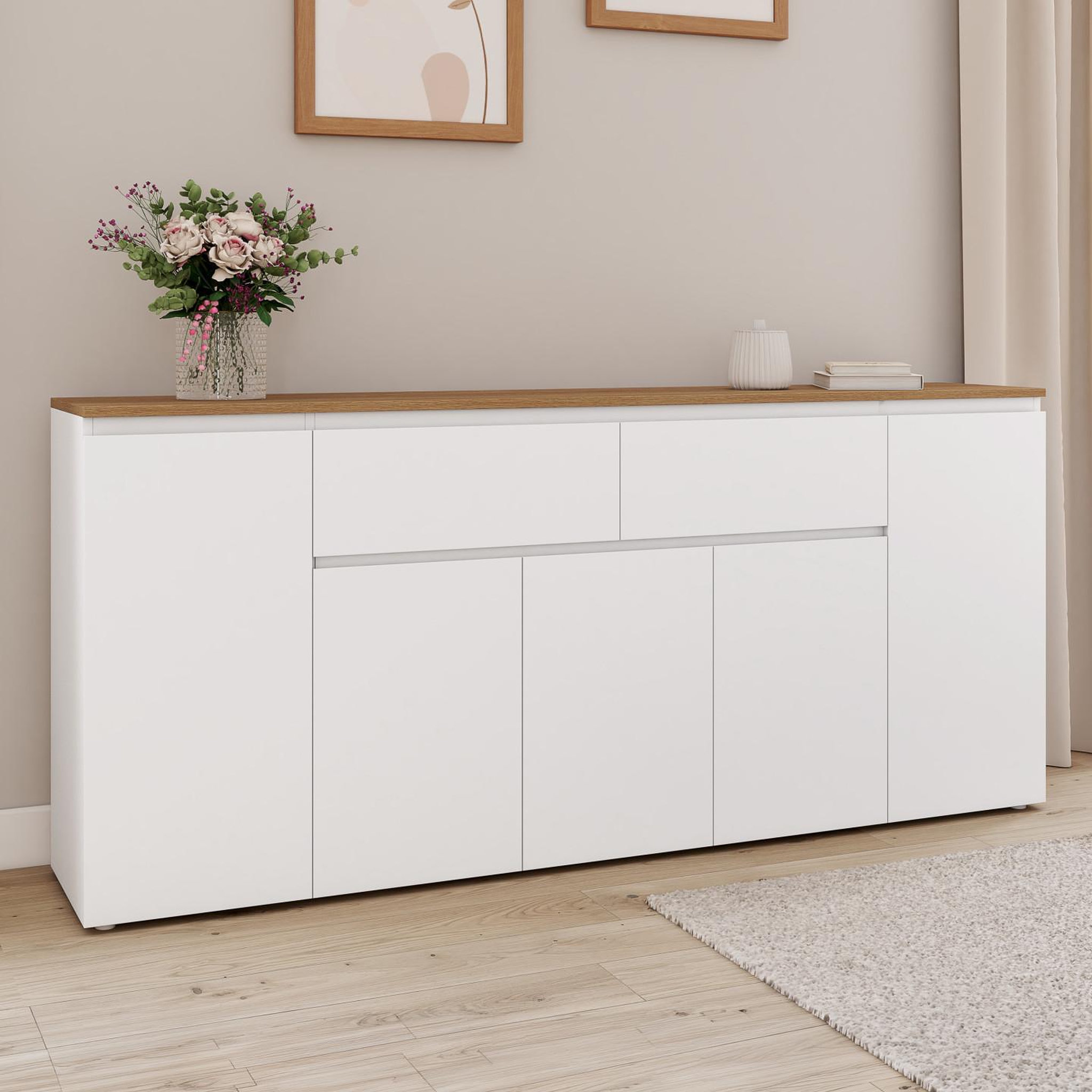 Voir la diapositive 2 : ID MARKET Buffet 180 cm TOBY 5 portes et 2 tiroirs blanc et plateau bois