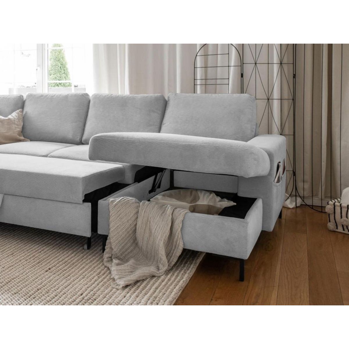 BEST MOBILIER Lilly - canapé panoramique d'angle gauche - 7 places - convertible avec coffre - en velours côtelé