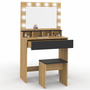 Voir la diapositive 1 : ID MARKET Coiffeuse ZELIA hêtre et noir miroir LED avec 4 niches, 1 tiroir et tabouret