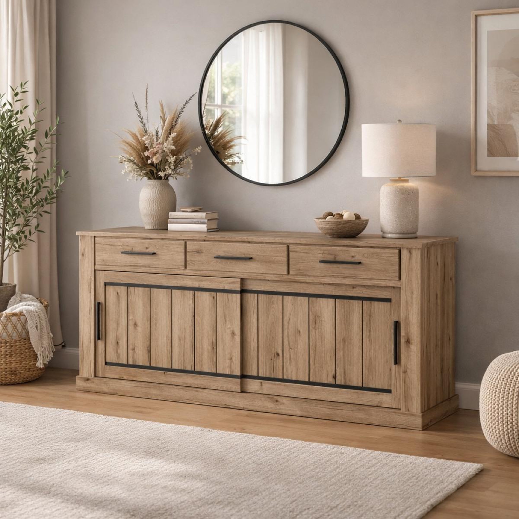 Voir la diapositive 2 : JLC KREATION Buffet bas en bois 2 portes-3 tiroirs KAMELIA