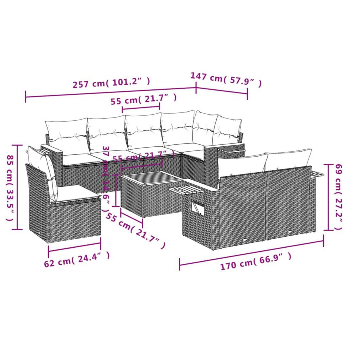 VIDAXL Salon de jardin 9 pcs avec coussins noir resine tressee