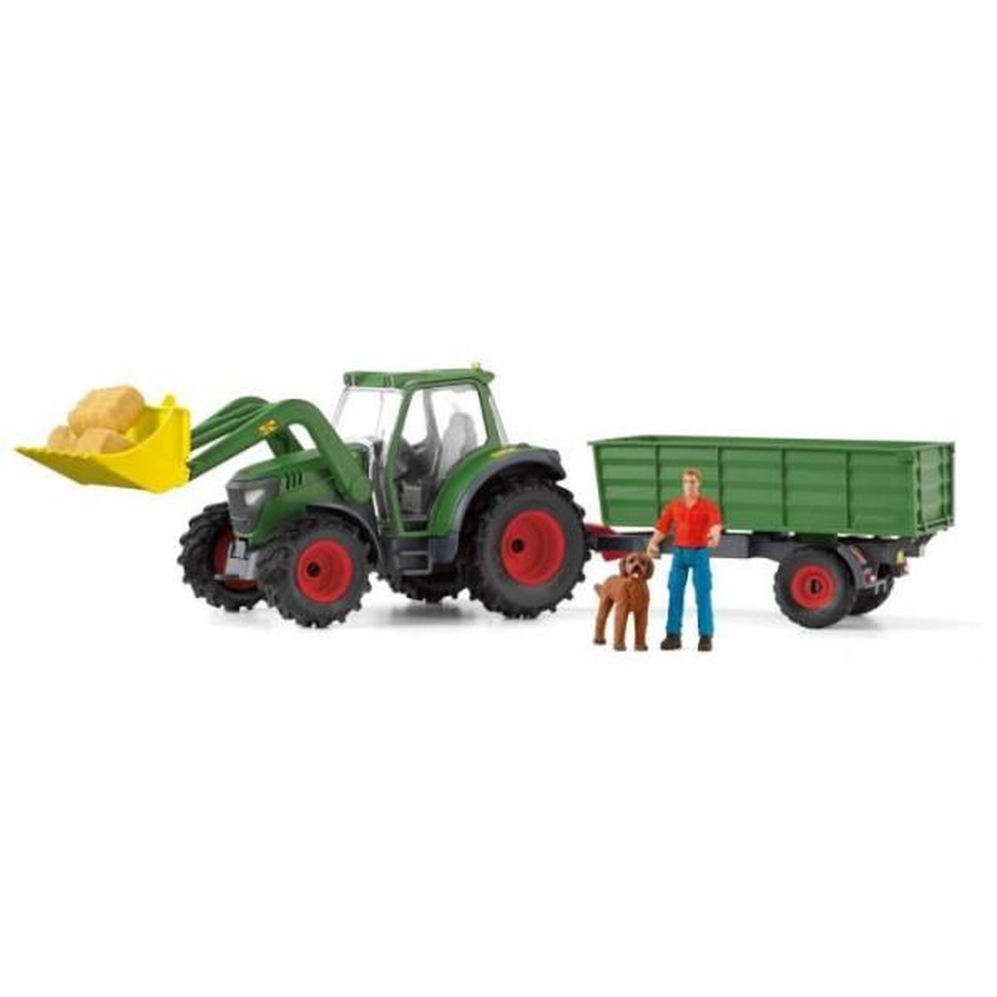 Voir la diapositive 2 : Schleich Tracteur et remorque, coffre schleich avec 1 tracteur, 1 rremorque, 1 figurine humaine articulée, 1 figurine chien, pour enfant