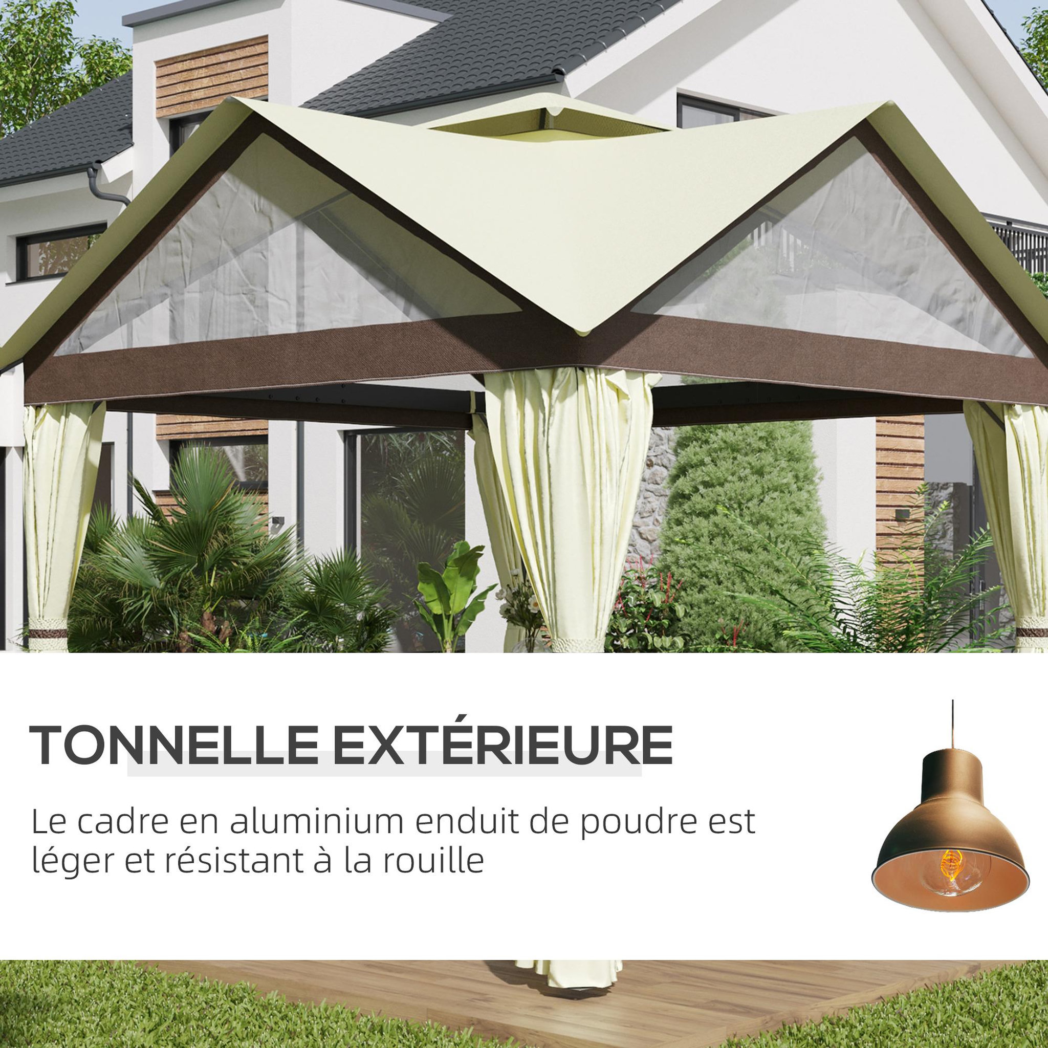 Voir la diapositive 6 : OUTSUNNY Pavillon de jardin style colonial - barnum double toit, 4 fenêtres, rideaux - dim. 3,5L x 3,5l x 3,33H m - métal noir polyester marron beige