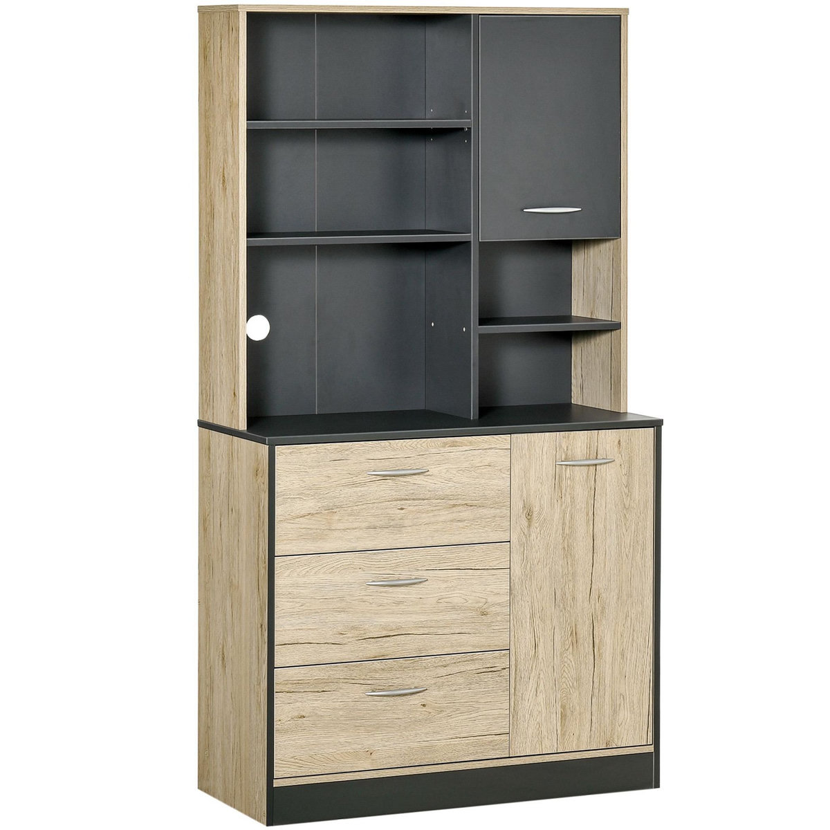 HOMCOM Armoire de cuisine multi-rangements 2 portes 3 tiroirs 3 étagères + grand plateau 90L x 39l x 169H cm bicolore chêne clair gris