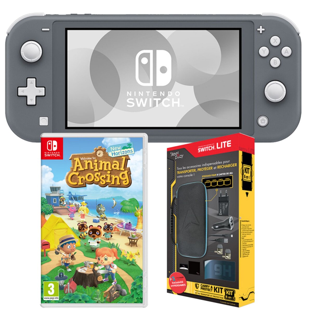 NINTENDO EXCLU WEB Console Nintendo Switch Lite Grise + Animal Crossing New Horizons + Pack 6 Accessoires Exclusif Auchan
