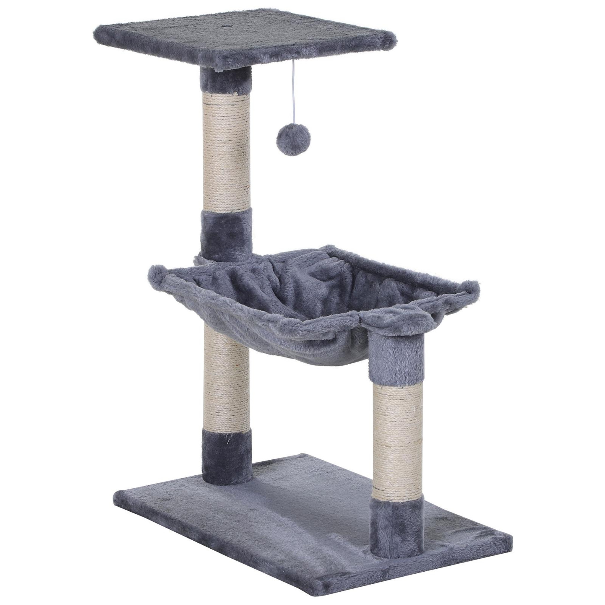 PAWHUT Arbre à chat 3 griffoirs grattoirs sisal naturel plateforme hamac et boule suspendue dim. 50l x 36l x 70h cm peluche haute densité 220 g/m² gris