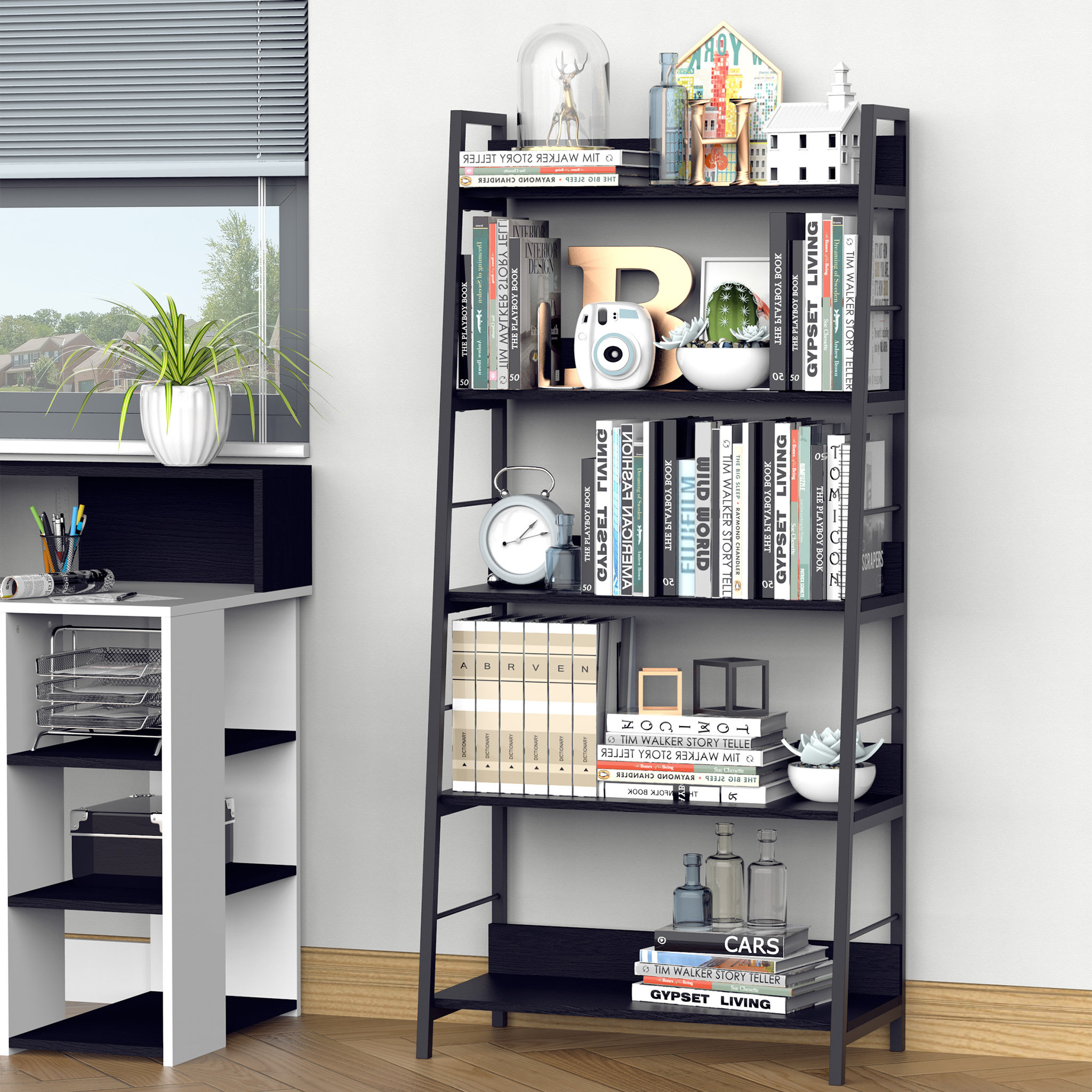 Voir la diapositive 2 : HOMCOM Étagère bibliothèque de rangement style industriel incliné 5 niveaux 70L x 35l x 150H cm noir