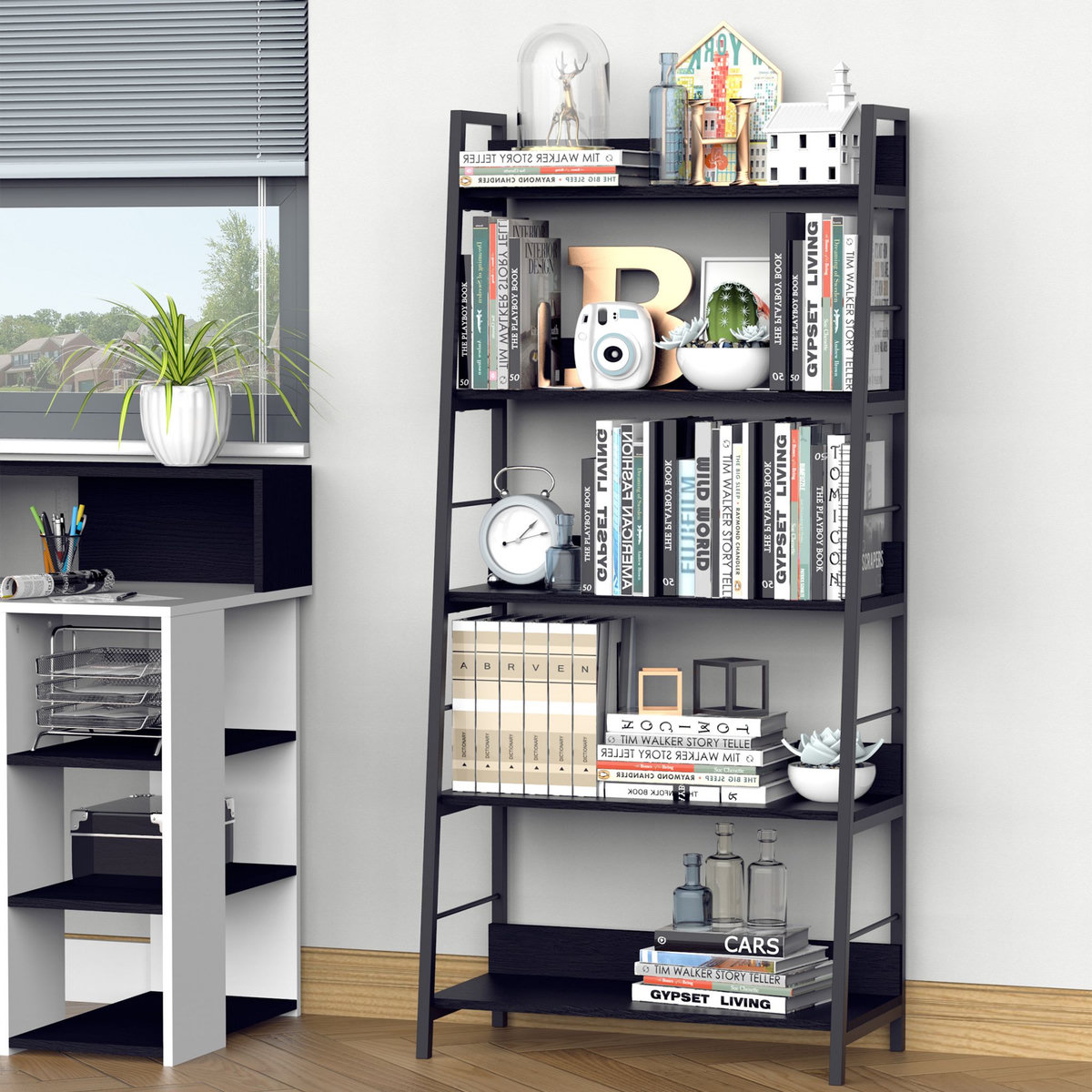 HOMCOM Étagère bibliothèque de rangement style industriel incliné 5 niveaux 70L x 35l x 150H cm noir