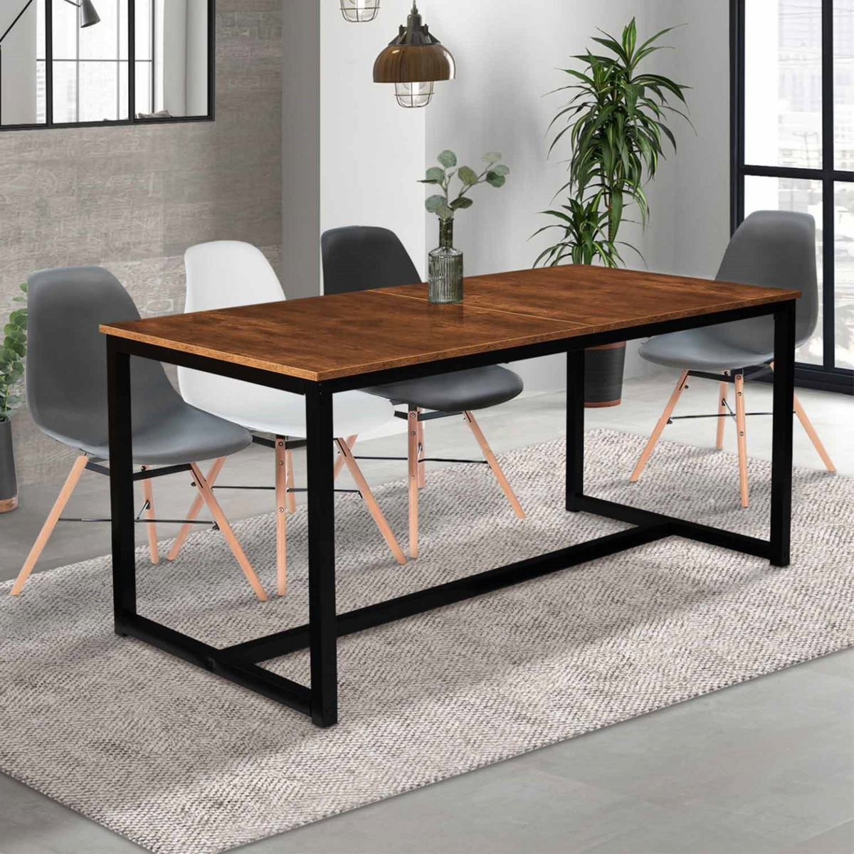 ID MARKET Table à manger extensible rectangle DAYTON 6-10 personnes design industriel 160-200 cm