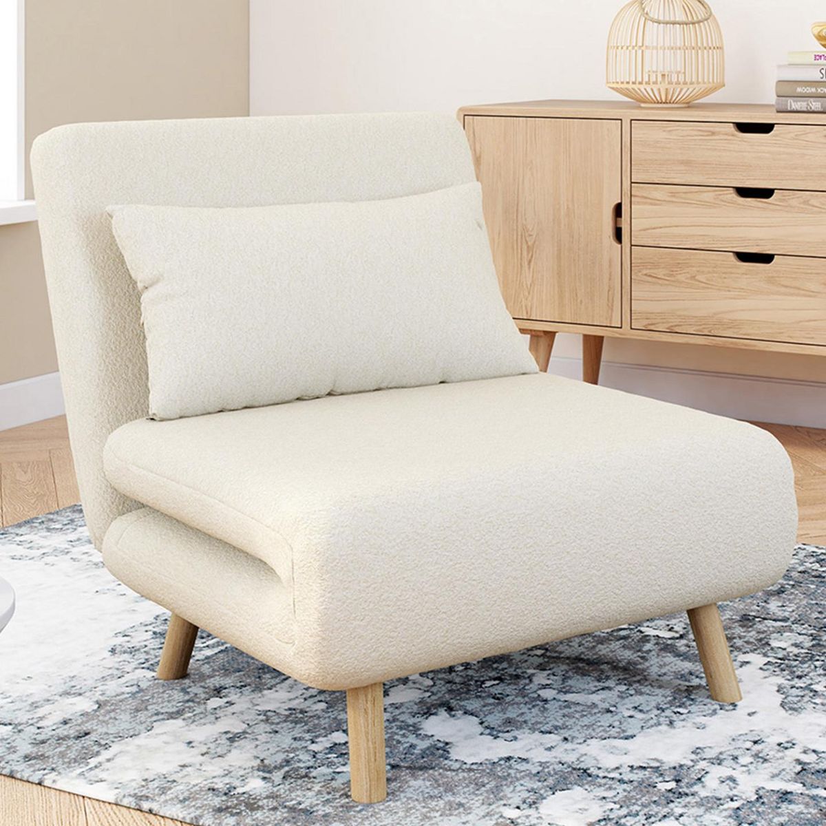 ID MARKET Fauteuil convertible ROMEO lit d'appoint 1 place 80x190 cm bouclette blanc