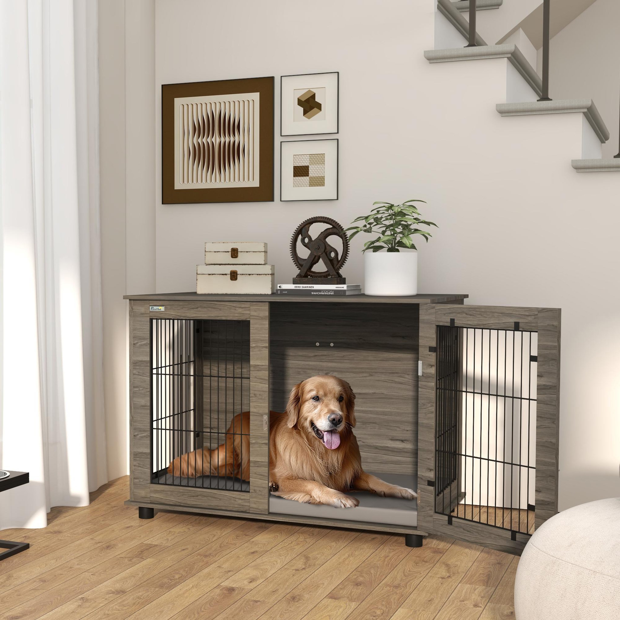 Voir la diapositive 2 : PAWHUT Cage pour chien intérieure dim. 100l x 60l x 73,5h cm - porte verrouillable, coussin déhoussable - acier noir aspect bois gris