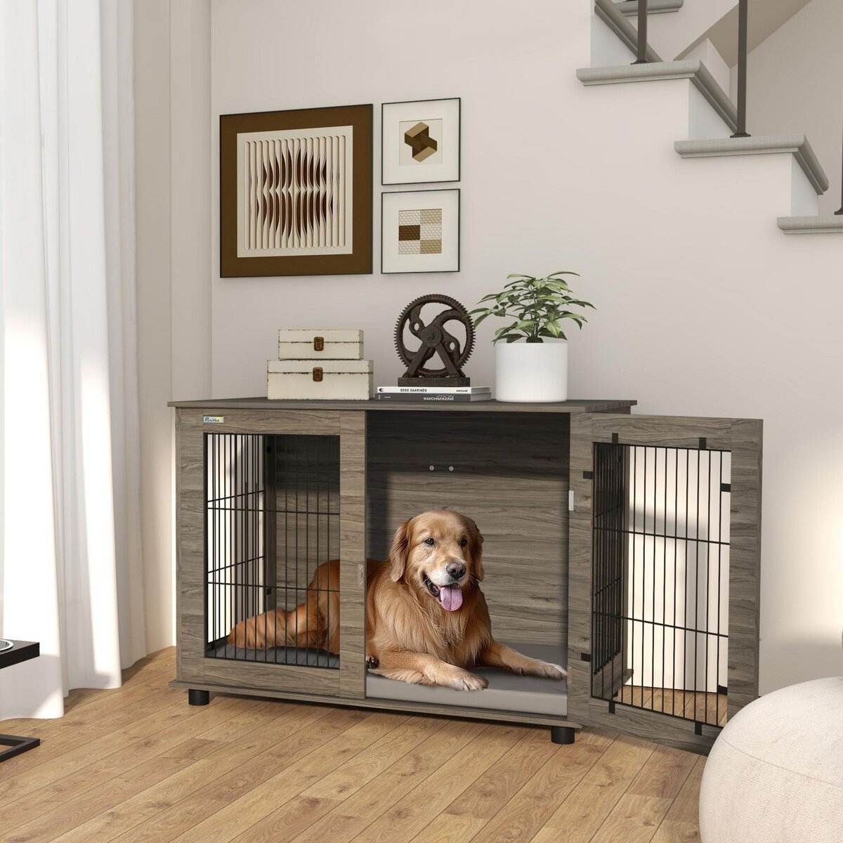 PAWHUT Cage pour chien intérieure dim. 100L x 60l x 73,5H cm - porte verrouillable, coussin déhoussable - acier noir aspect bois gris