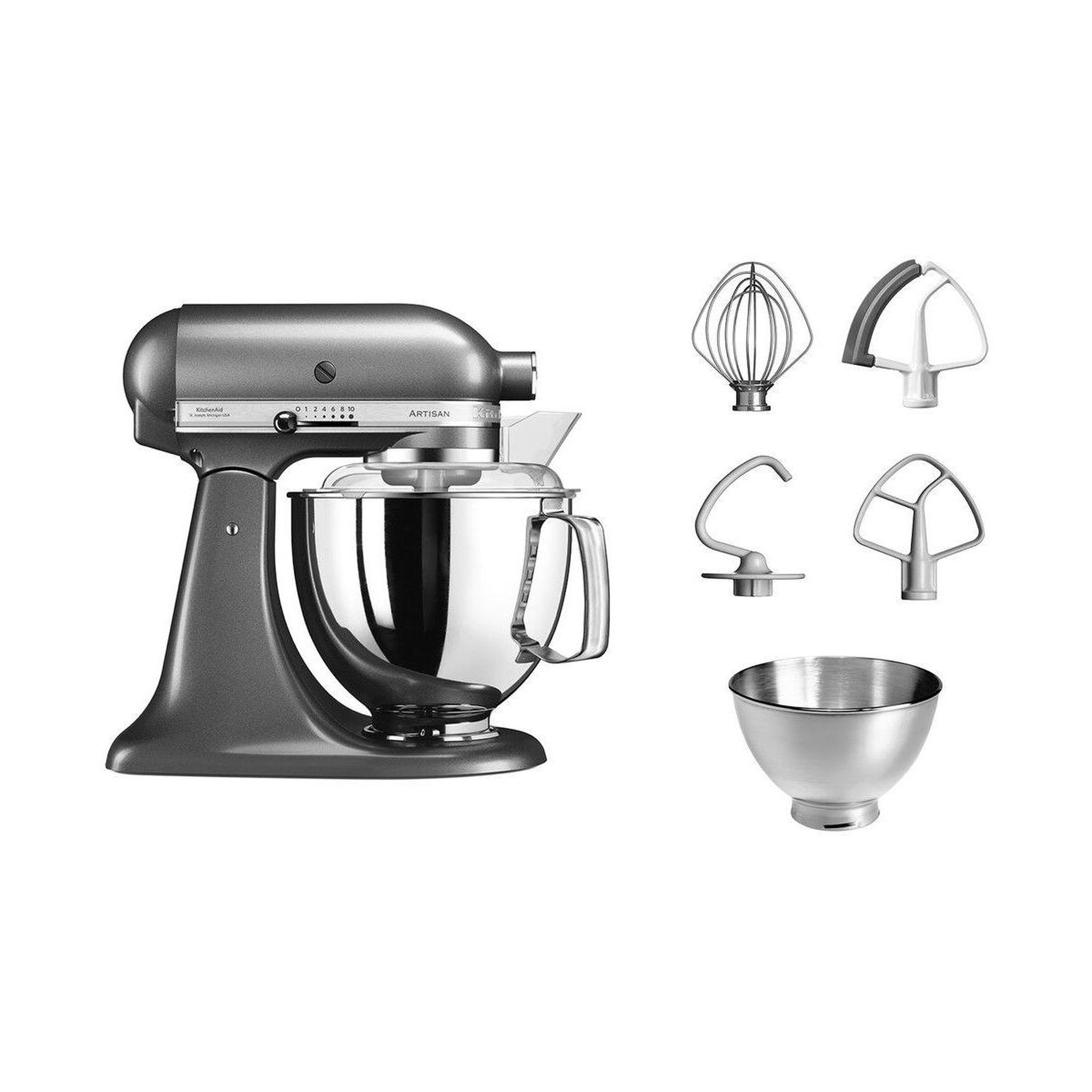 KitchenAid Robot pâtissier 5ksm175ems gris étain, 4,8 l, bol avec poignée + bol 3 l, batteur souple et couvercle
