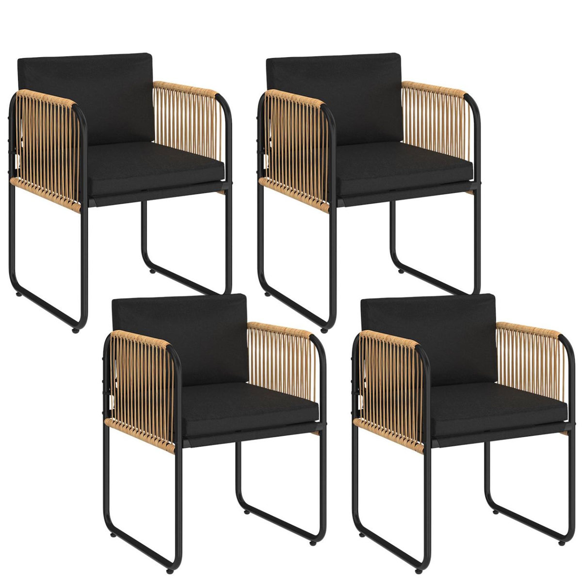 ID MARKET Lot de 4 chaises de jardin RIO structure métal noir, cordage effet rotin clair et coussins noirs