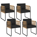 ID MARKET Lot de 4 chaises de jardin RIO structure métal noir, cordage effet rotin clair et coussins noirs