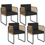 Voir la diapositive 1 : ID MARKET Lot de 4 chaises de jardin RIO structure métal noir, cordage effet rotin clair et coussins noirs