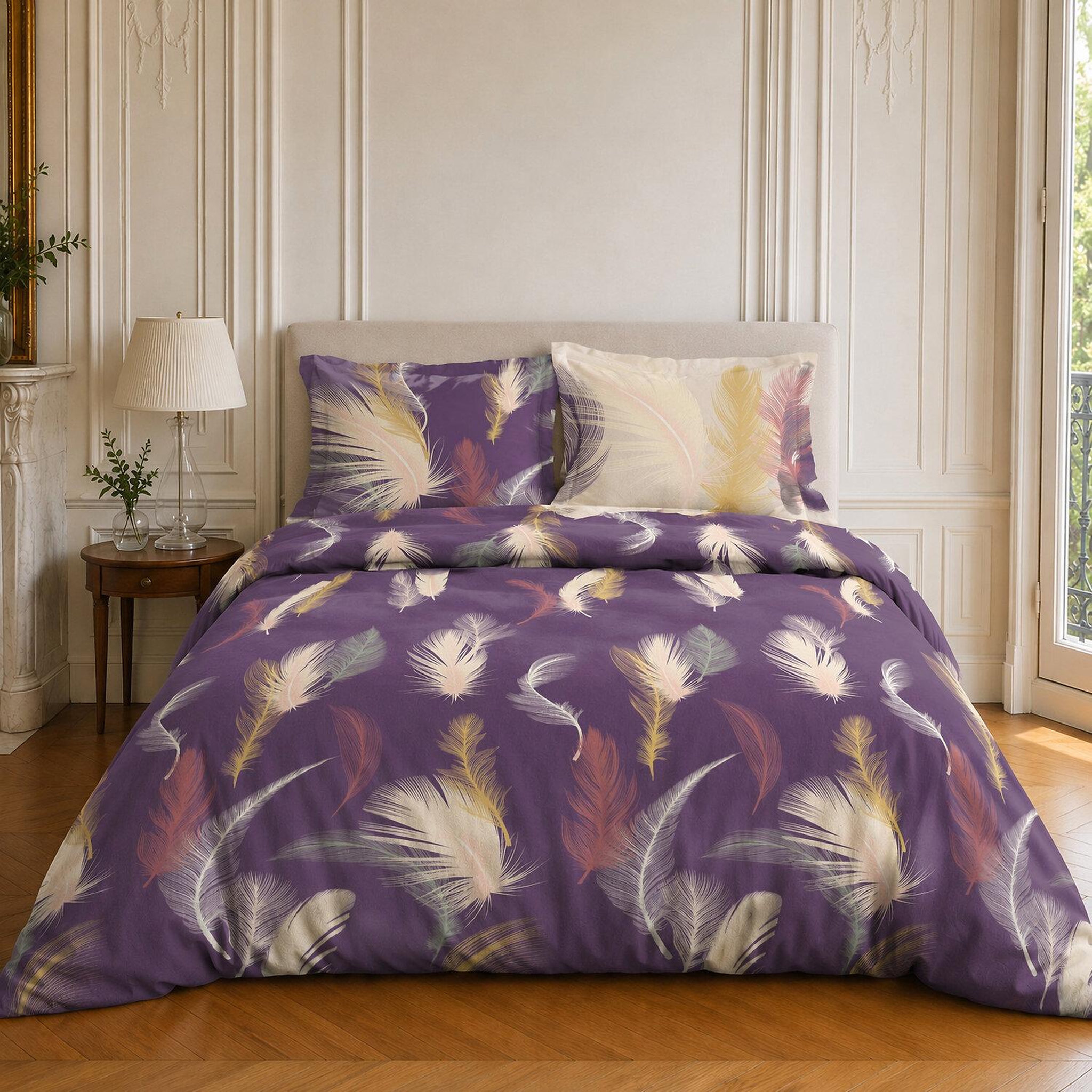 Home collection Parure housse de couette imprimée 100% coton 57 fils - winter. Coloris disponibles : Violet