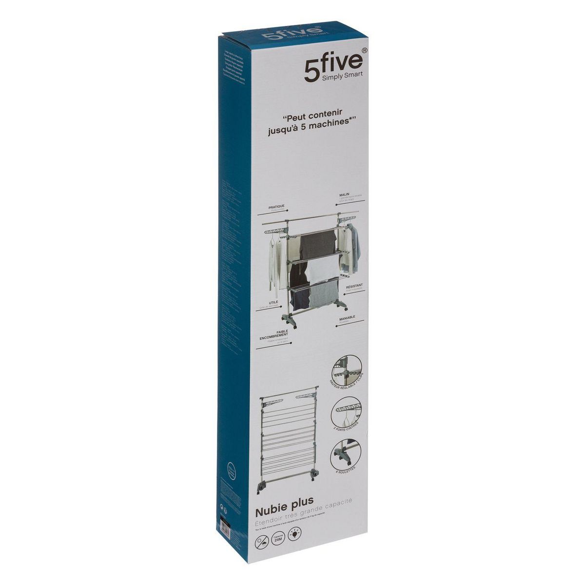 FIVE Etendoir 3 niveaux 6 roulettes avec porte cintres - Gris