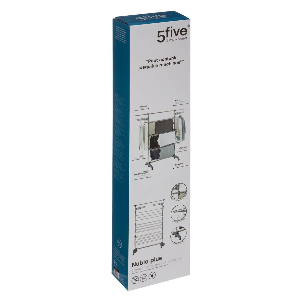 FIVE Etendoir 3 niveaux 6 roulettes avec porte cintres - Gris