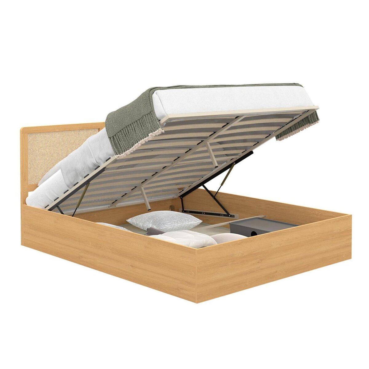 ID MARKET Lit coffre double EDHEN avec tête de lit cannage et sommier 140 x 190 cm coloris bois