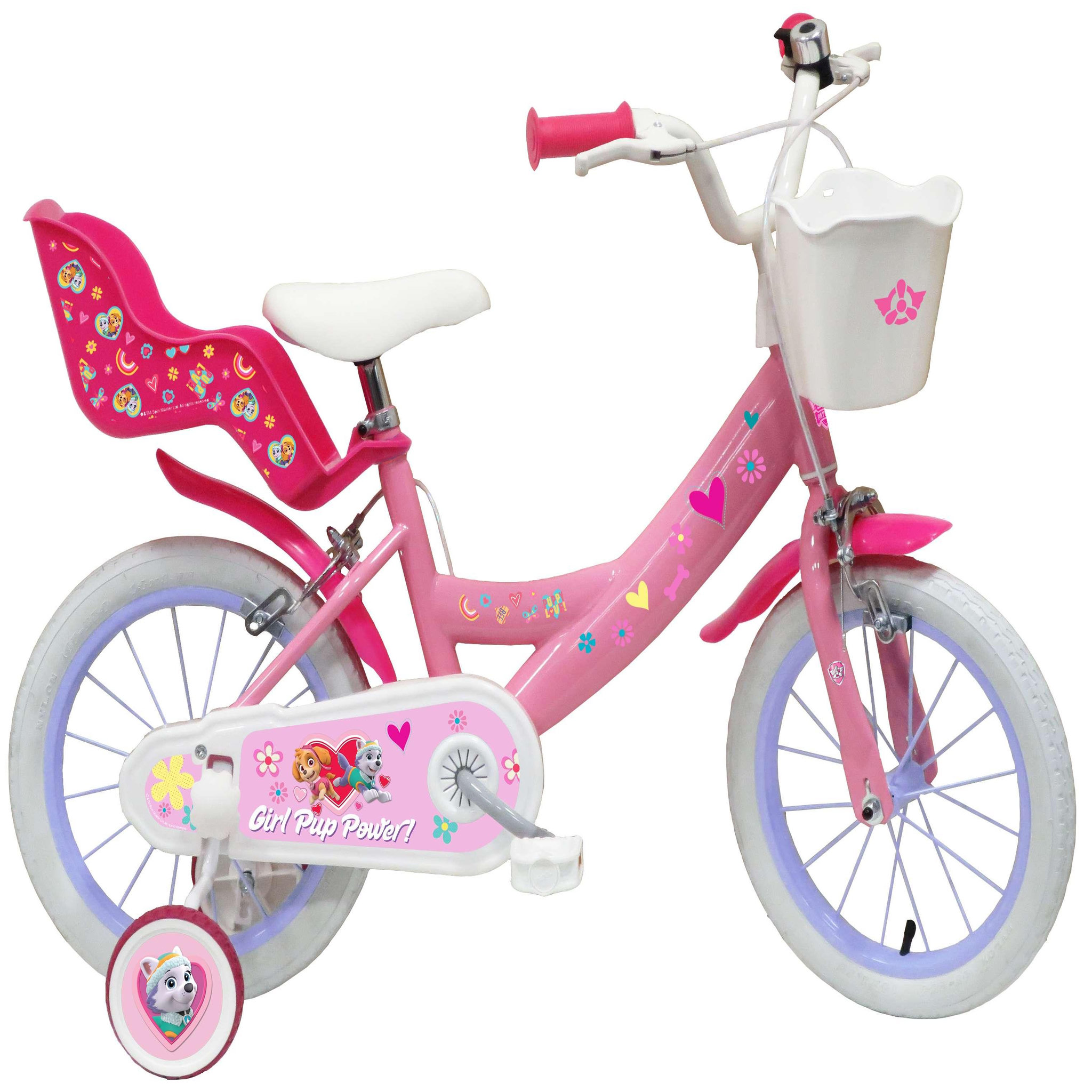 Nickelodeon Vélo enfant - Modèle 14''Pat Patrouille à l'effigie de Stella pour enfant de 95/110 cm avec stabilisateurs - Panier avant - Porte poupée arrière - 2 freins