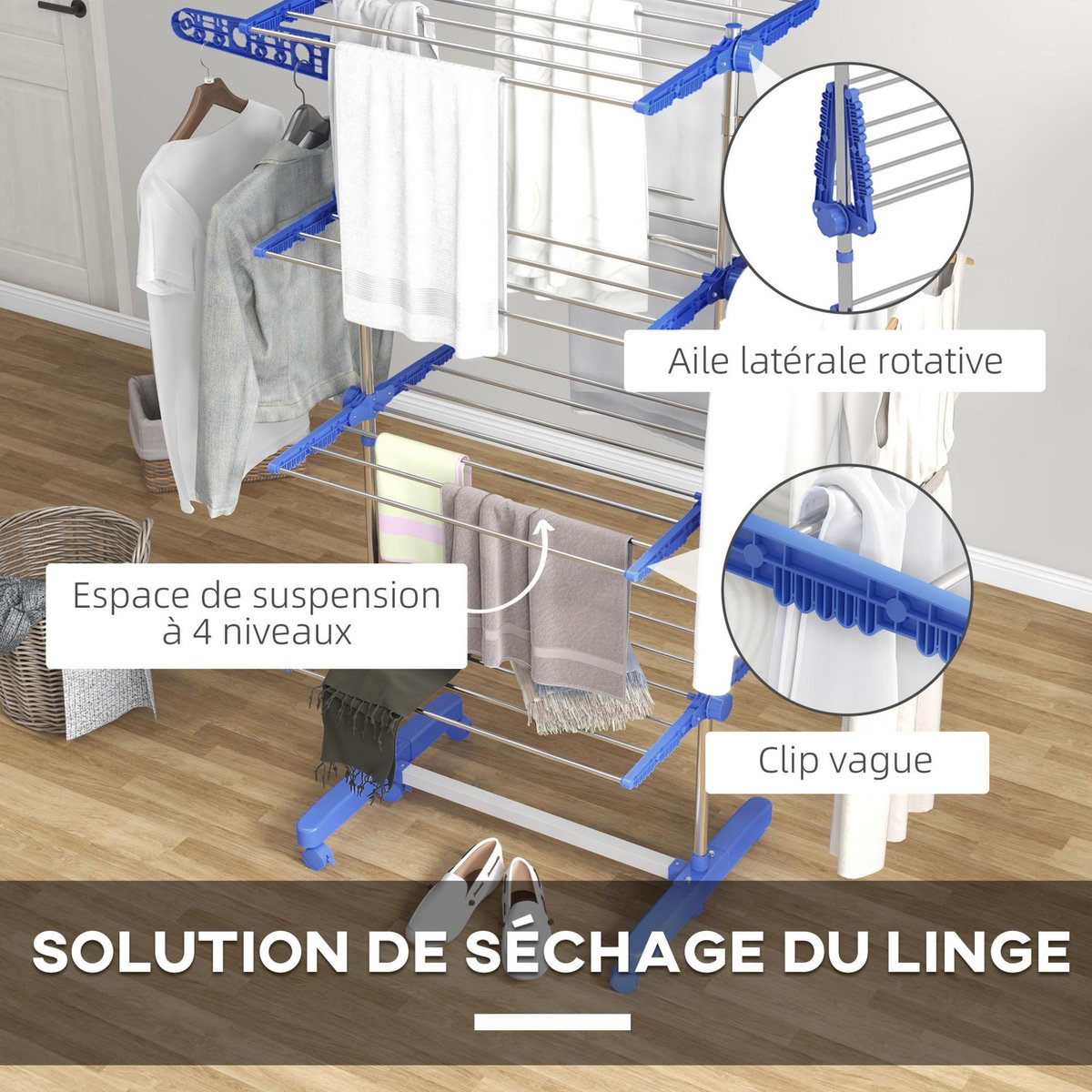 HOMCOM Séchoir à linge étendoir pliable ailes latérales 4 niveaux