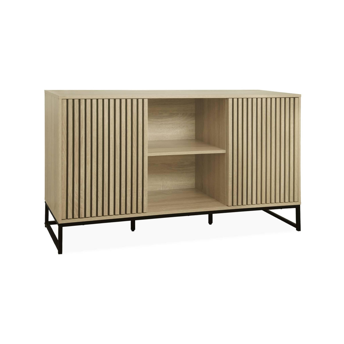 SWEEEK Buffet style contemporain avec 2 portes effet bois rainuré ouverture par pression. buffet bas. piètement en métal noir  L140cm