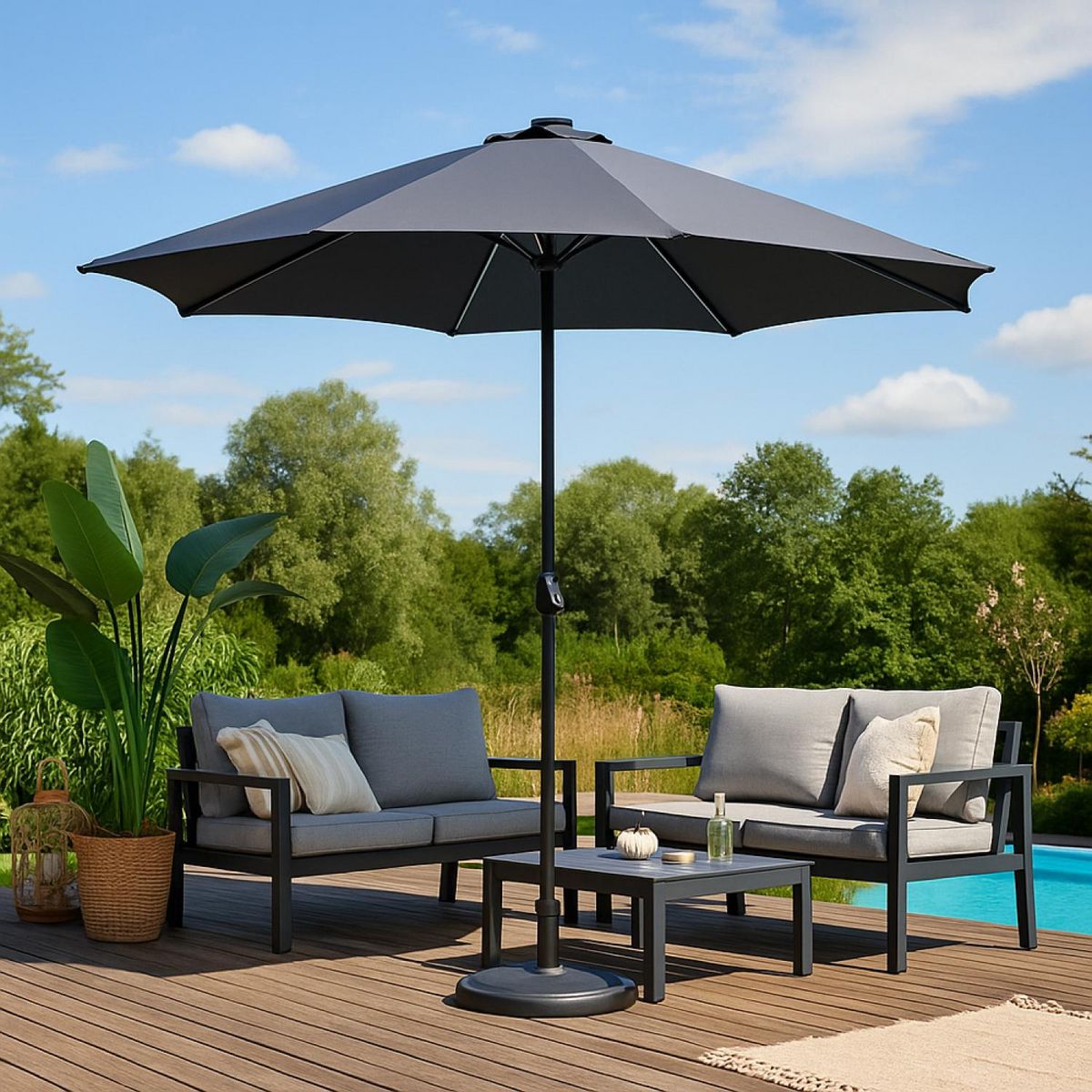 CONCEPT USINE Parasol droit rond led diamètre 3 m gris MANAROLA