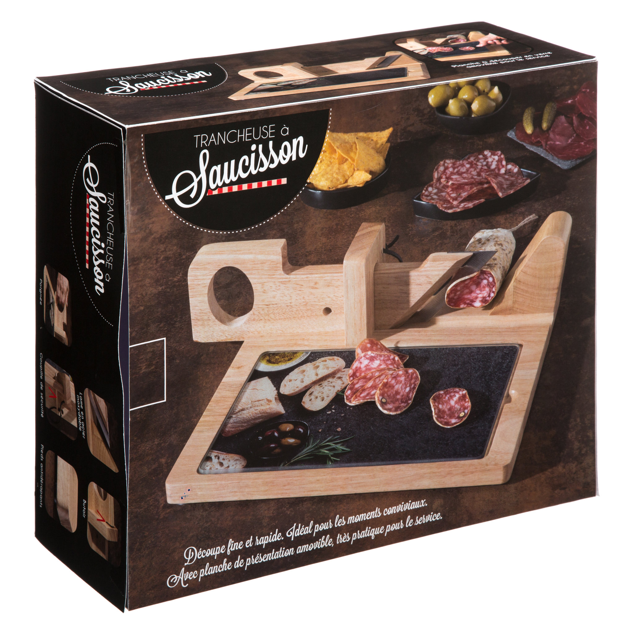 Voir la diapositive 2 : SECRET DE GOURMET Trancheuse à charcuterie en bois avec planche en verre