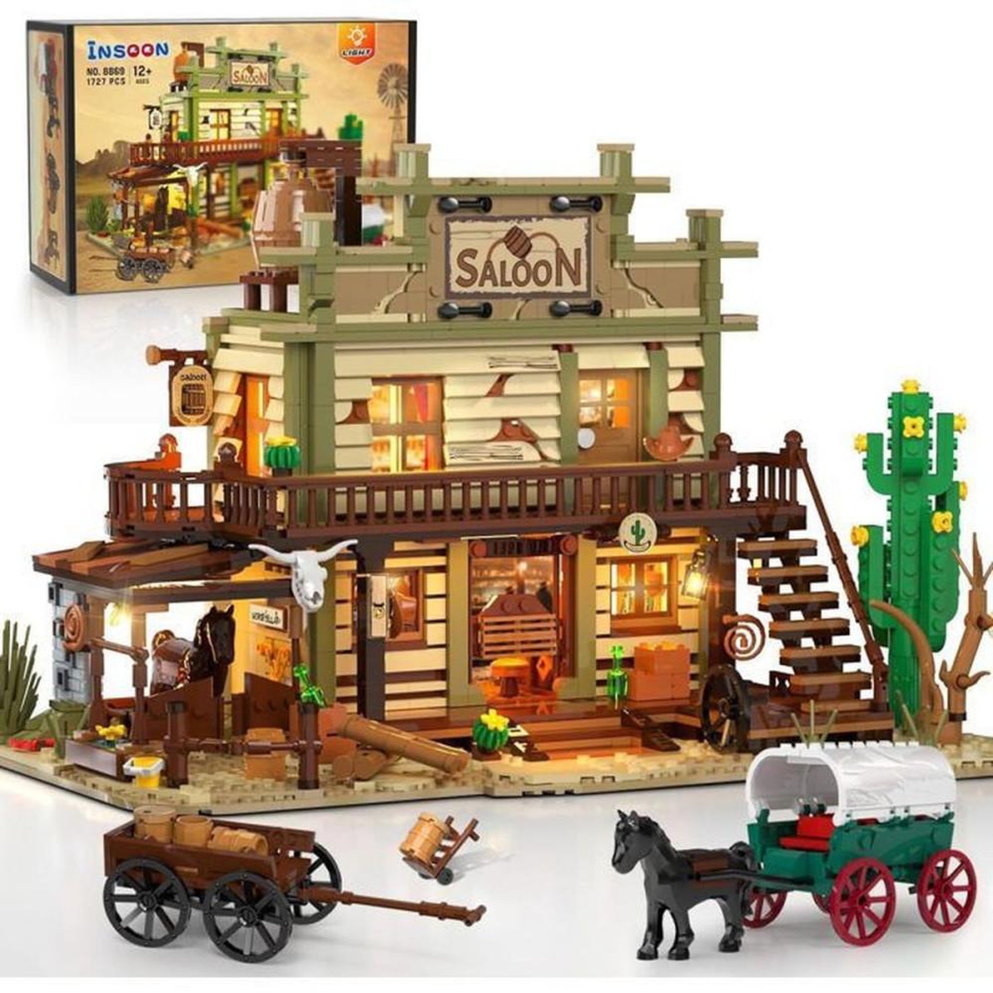 Jeu de construction Saloon Western avec LEDs intégrées, 1727 pièces, plastique ABS, modèle multi-niveaux pour 12 ans et plus