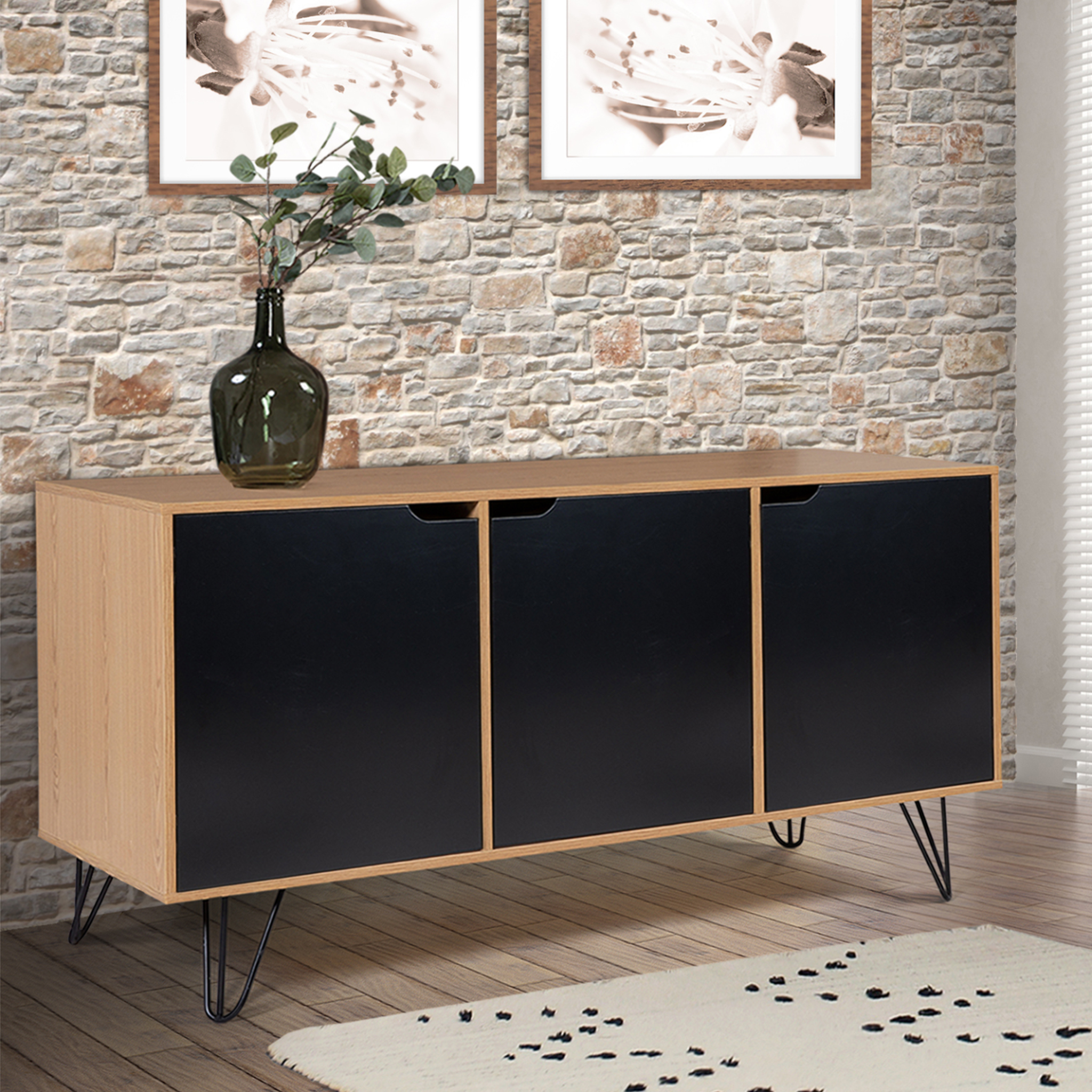 Voir la diapositive 2 : ID MARKET Buffet bas vintage 113 cm noemi 3 portes bois pied épingle