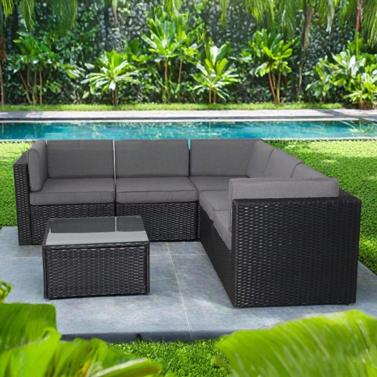 CONCEPT USINE Salon de jardin 5 places en résine tressée avec table noir et gris BIMINI