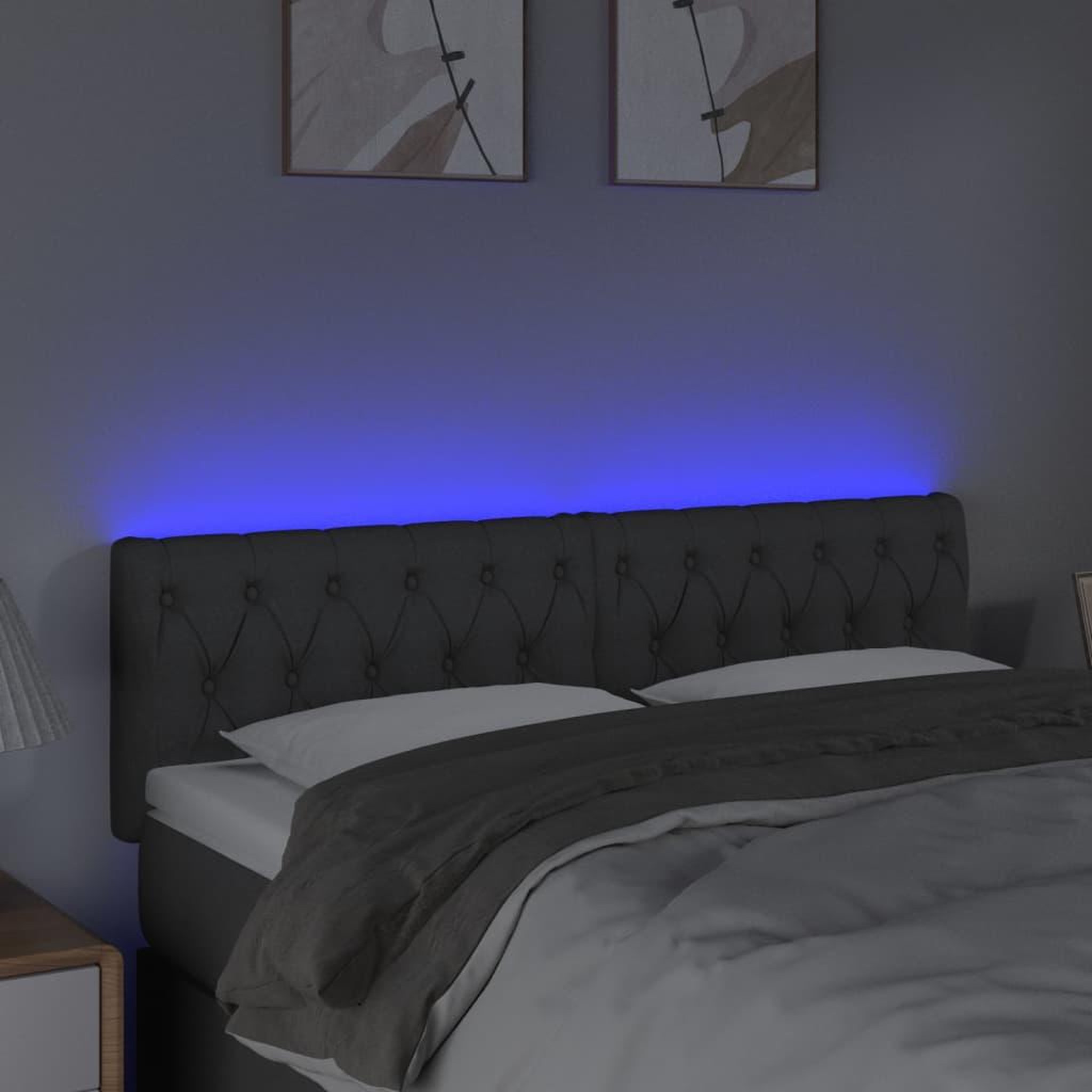 Voir la diapositive 3 : VIDAXL Tete de lit a LED Gris fonce 160x7x78/88 cm Tissu
