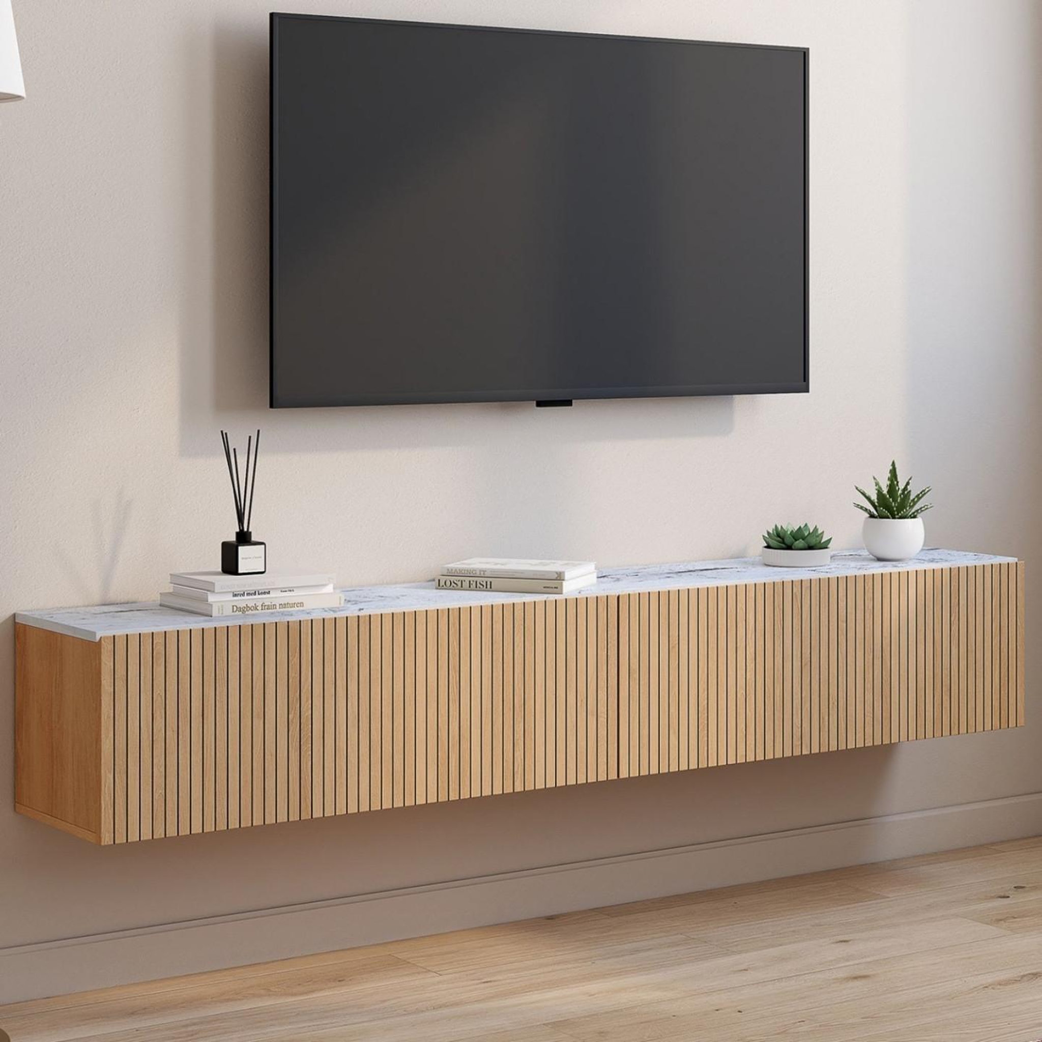 Voir la diapositive 2 : ID MARKET Meuble tv 180 cm suspendu juliette 2 portes plateau effet marbre lattes tasseau bois coloris chêne