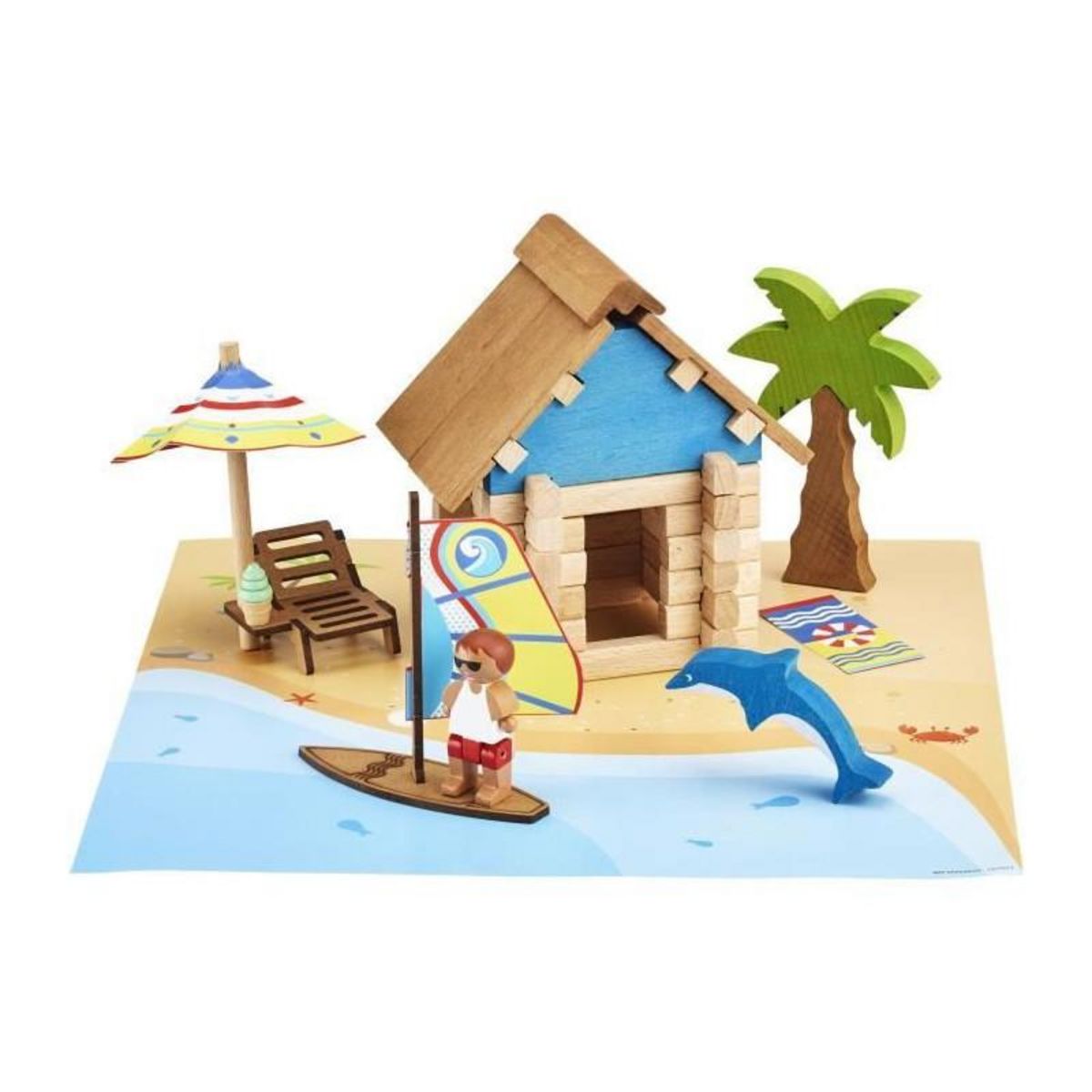 JeuJura La Cabane de Plage 55 Pieces - JEUJURA - Jeu de Construction en Bois Naturel, Tapis et Accessoires Inclus, 22x18,5x8,5 cm