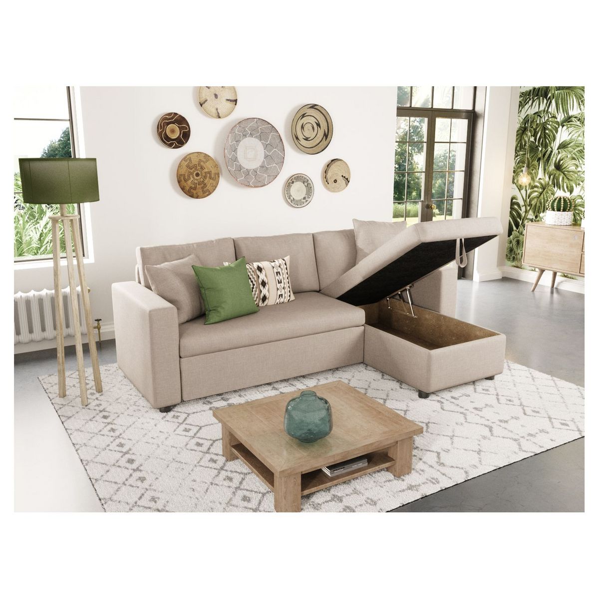 Canapé d'angle réversible convertible avec coffre en tissu ou velours GERALDINE 