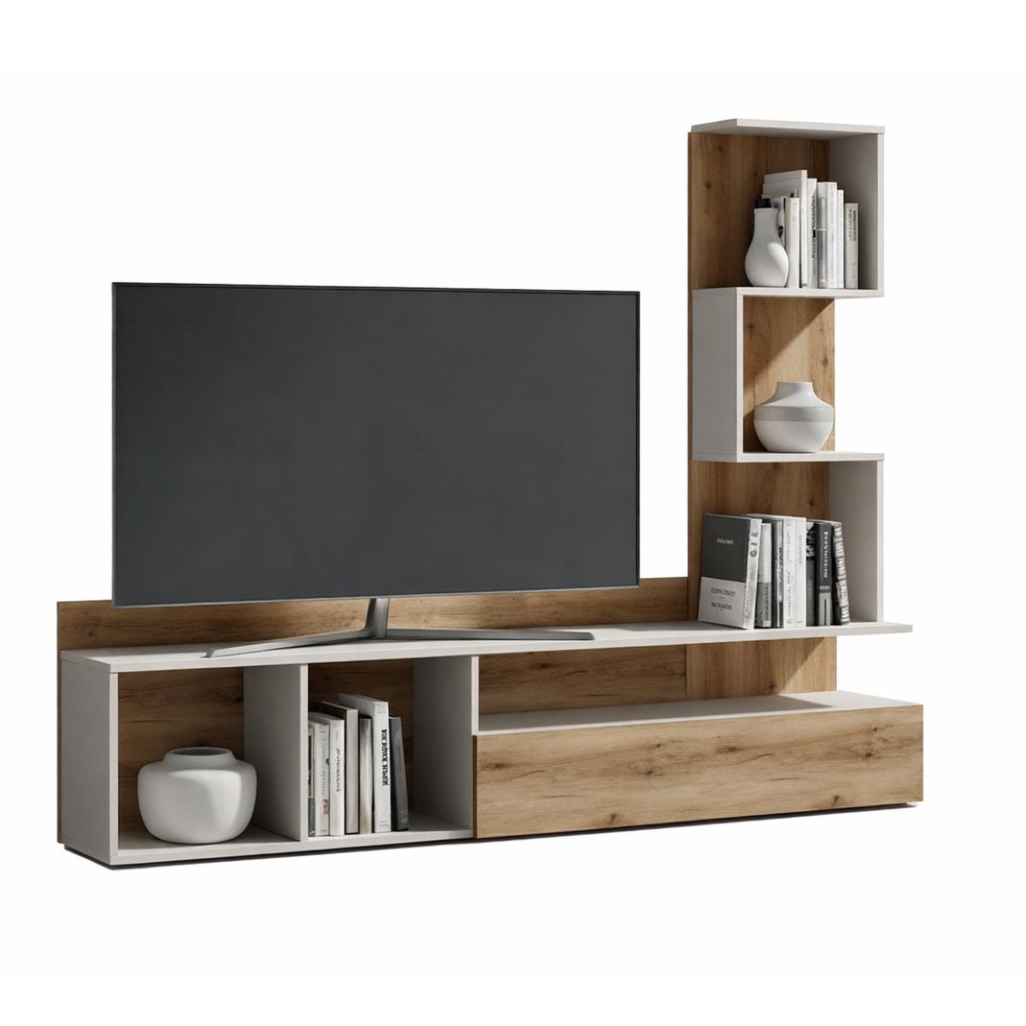 JLC KREATION Ensemble meuble tv mural moderne beige et bois 180cm mila
