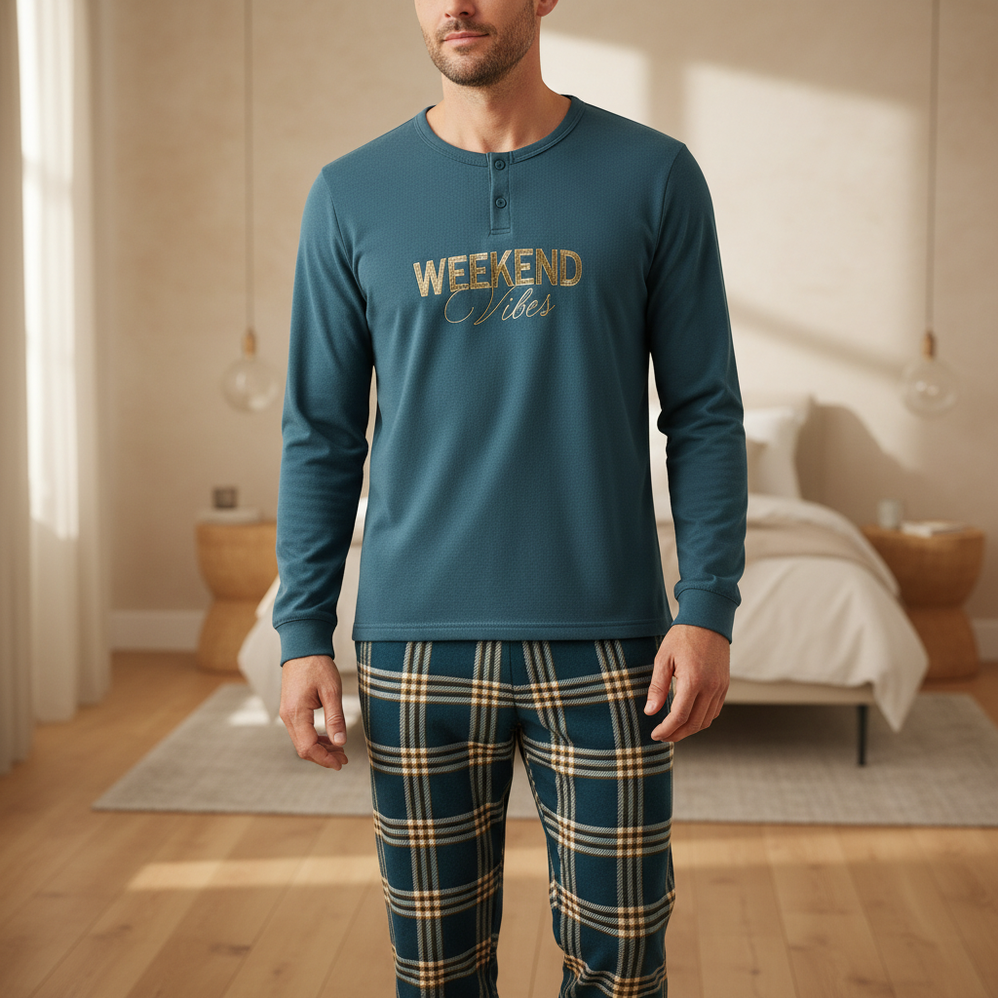 Voir la diapositive 2 : OZABI Ozabi ensemble pyjama homme doublé polaire broderie weekend vibes