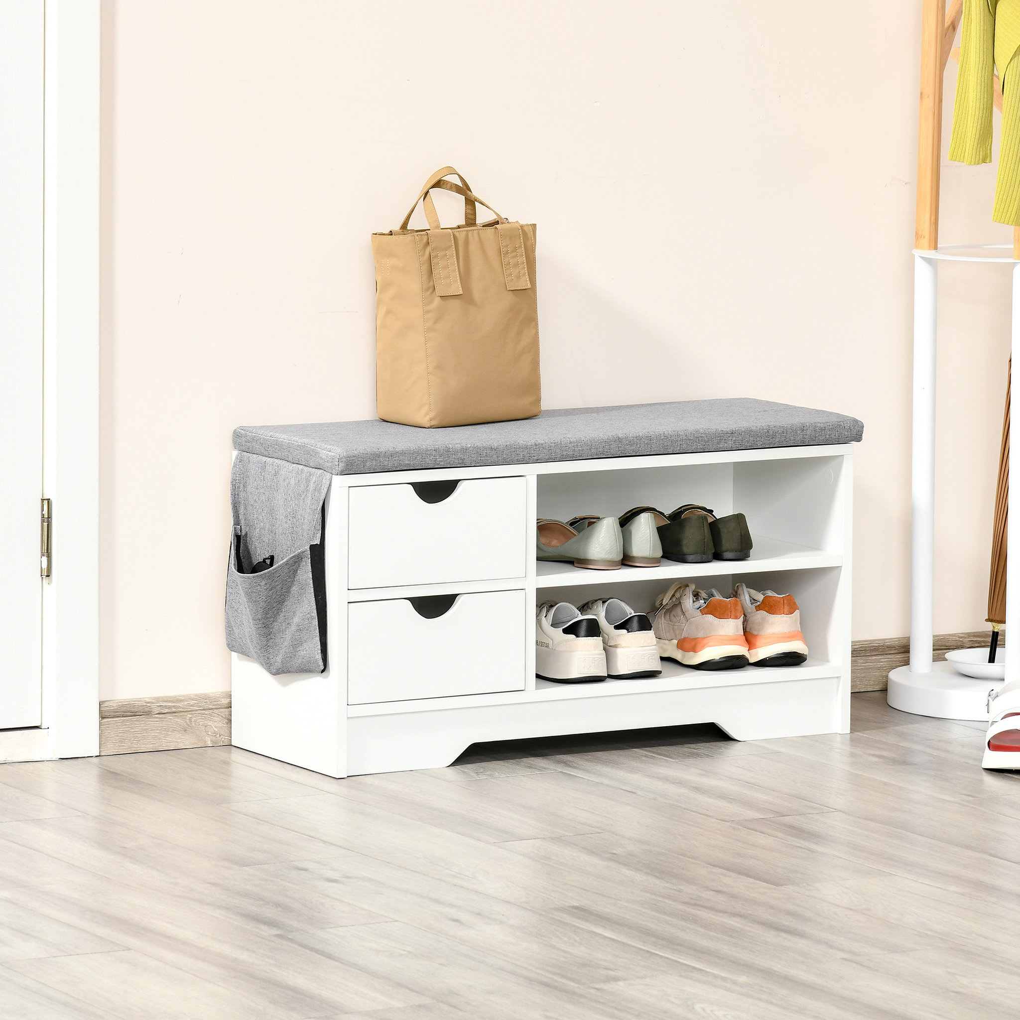 Voir la diapositive 2 : HOMCOM Meuble chaussures et banc à chaussures avec coussin gris 2 étagères et 2 tiroirs MDF 80,5 x 30,5 x 43,5 cm gris et blanc