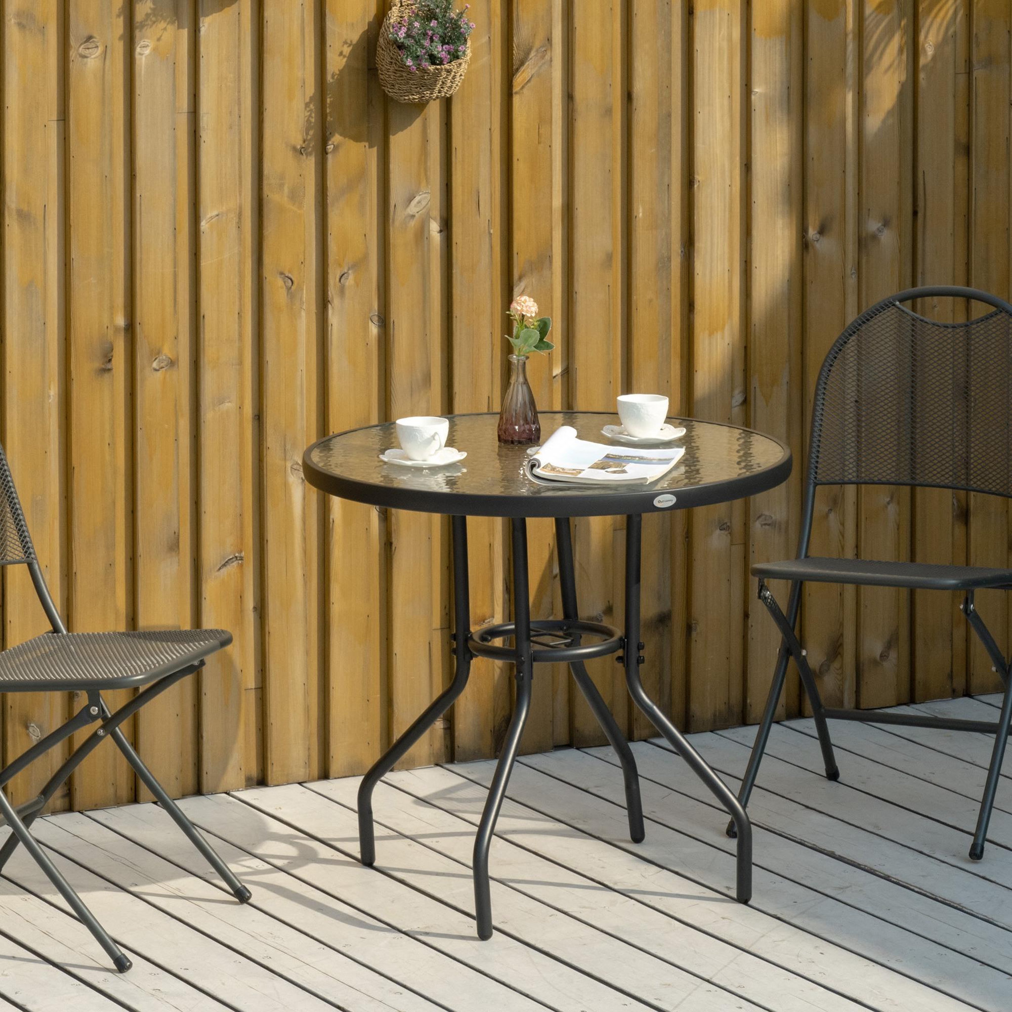 Voir la diapositive 2 : OUTSUNNY Table de jardin ronde dia. 80 x 72H cm - espace central parasol - métal noir plateau verre trempé texturé