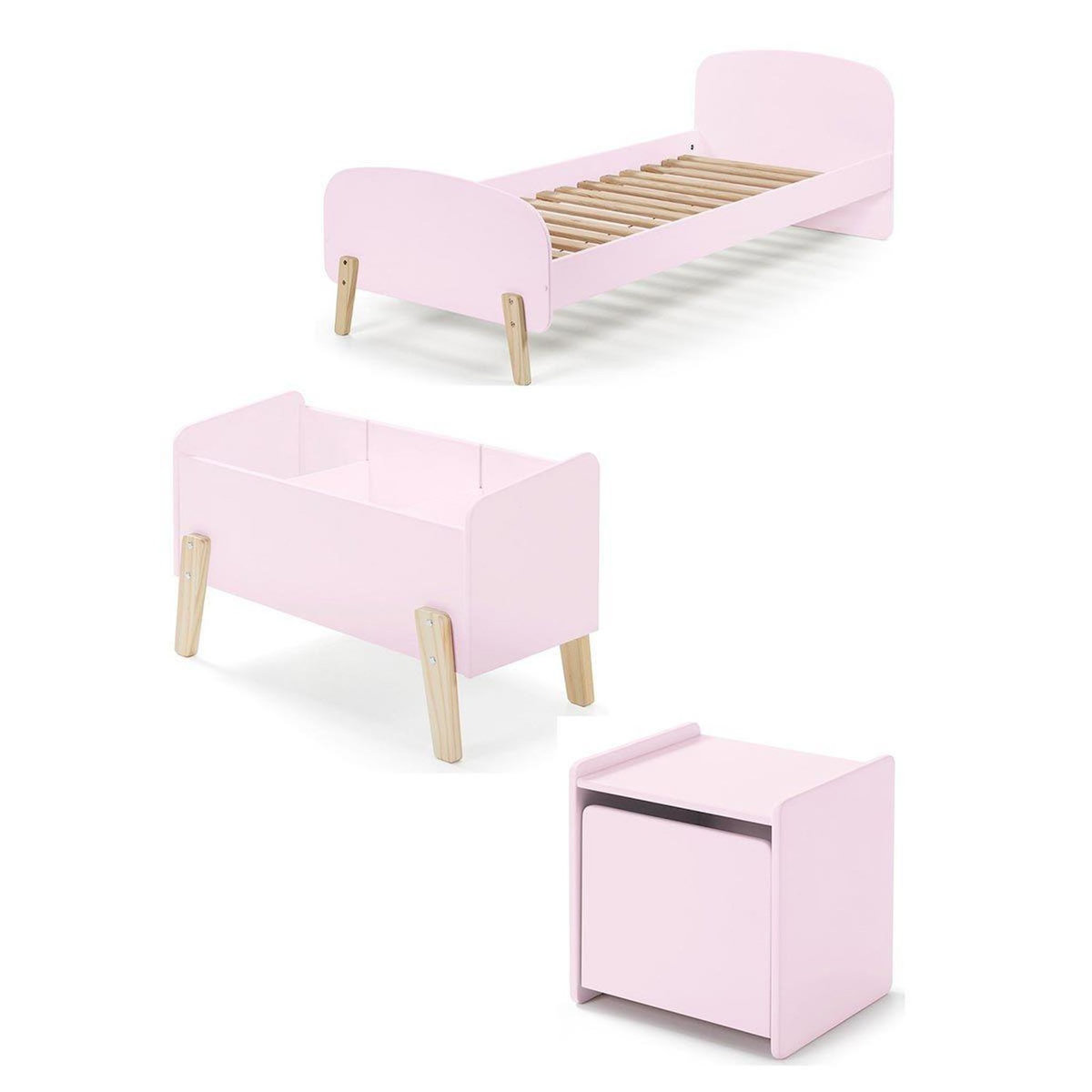 Paris Prix Pack - Lit Enfant, Chevet & Coffre  Kiddy  90x200cm Rose