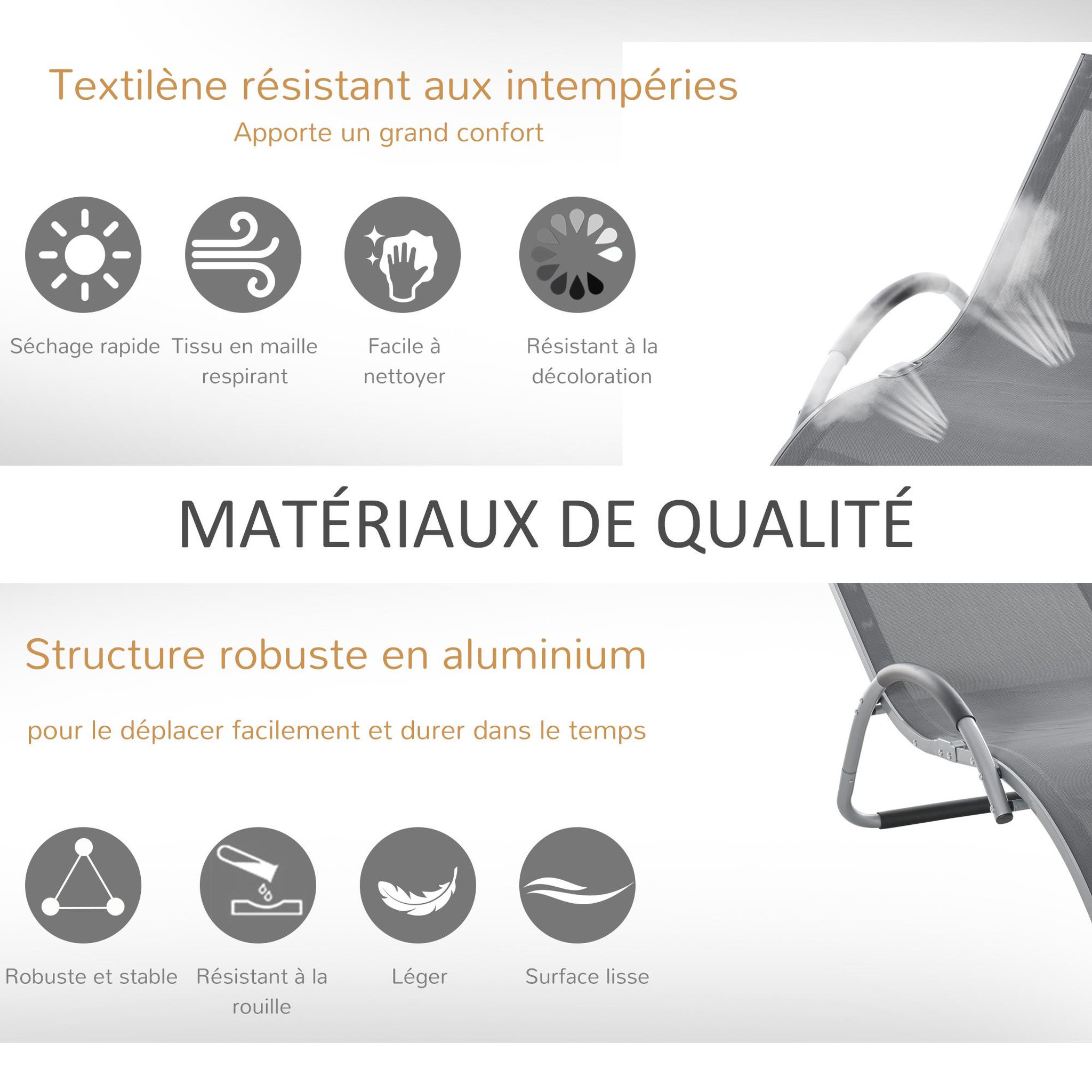 Voir la diapositive 6 : OUTSUNNY Bain de soleil transat design contemporain avec appui-tête grand confort léger aluminium textilène 160 x 60 x 65 cm gris