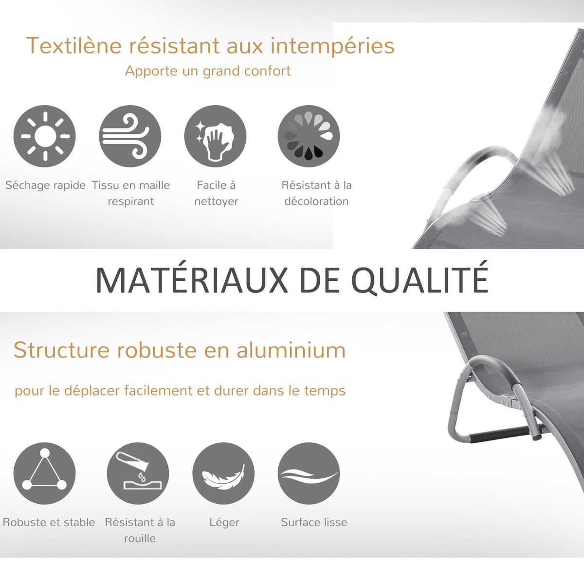 OUTSUNNY Bain de soleil transat design contemporain avec appui-tête grand confort léger aluminium textilène 160 x 60 x 65 cm gris