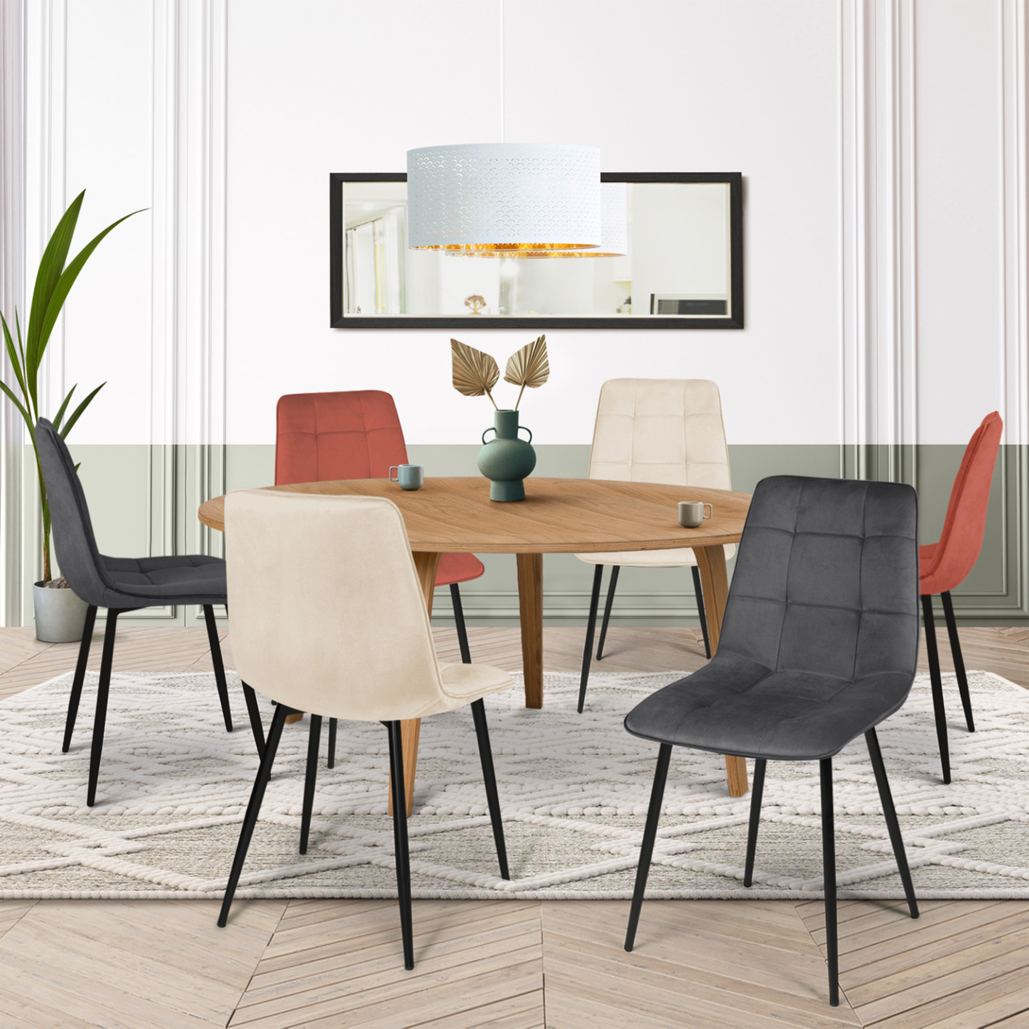Voir la diapositive 2 : ID MARKET Lot de 6 chaises mila en velours mix color terracotta x2, gris foncé x2 et beige x2