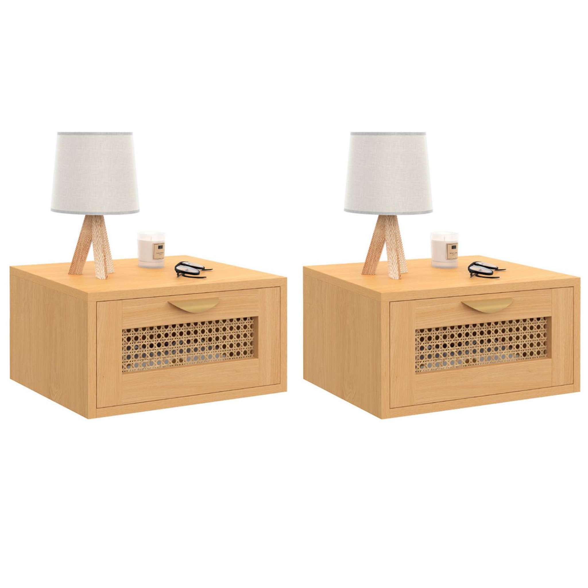 ID MARKET Lot de 2 tables de chevet murales edhen 1 tiroir étagère suspendue cannage et bois